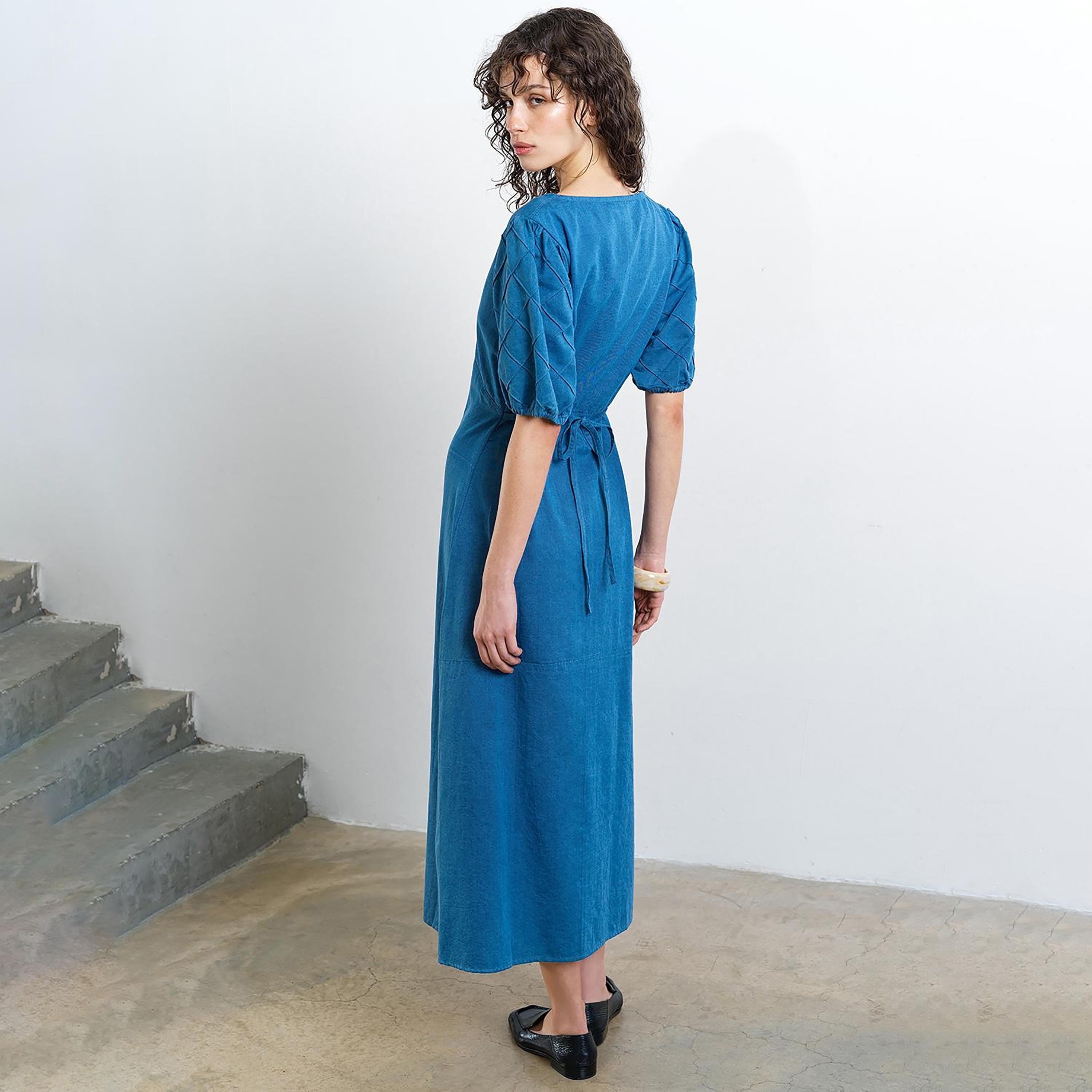 فستان ميدي قطن حريمي بأكمام منتفخة باللون الأزرق من فرينش كونكشن-women-clothing-dresses-image-4