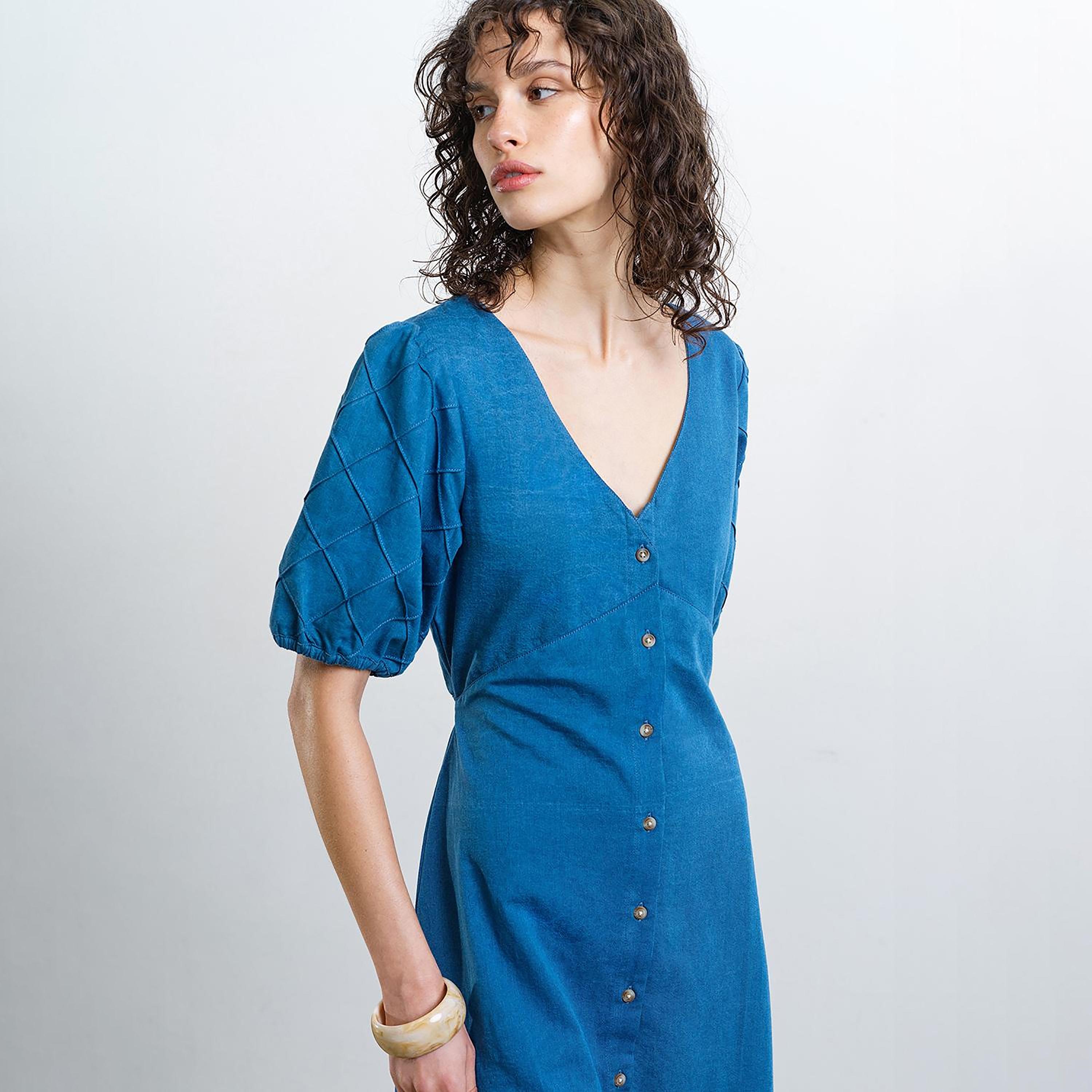فستان ميدي قطن حريمي بأكمام منتفخة باللون الأزرق من فرينش كونكشن-women-clothing-dresses-image-5