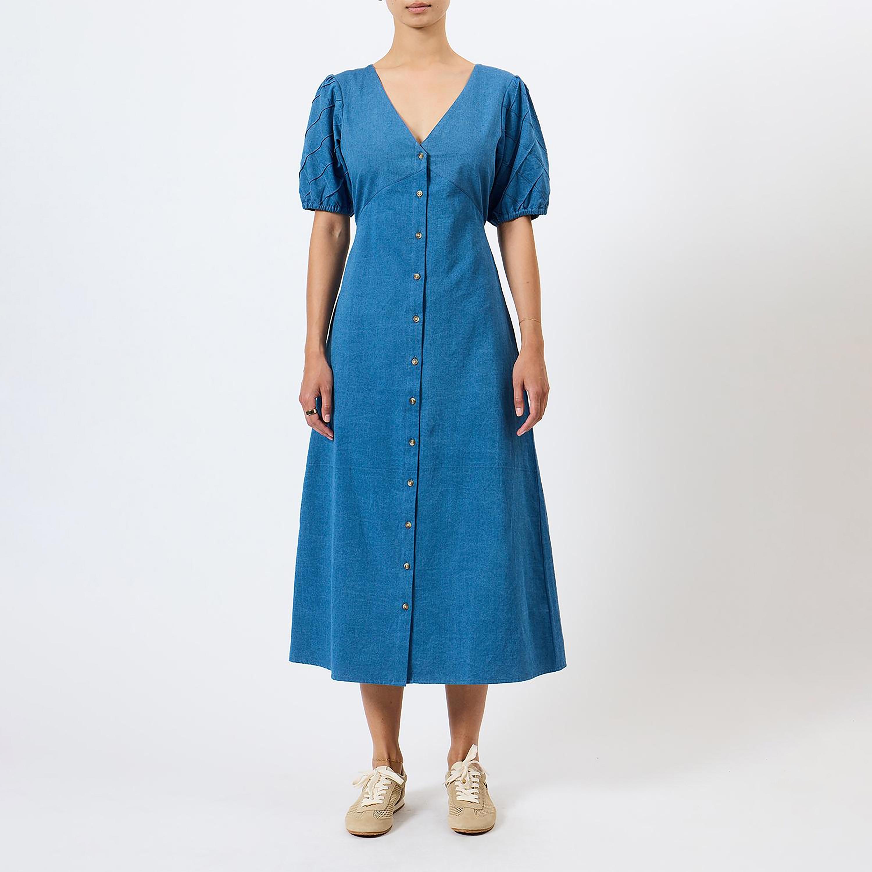 فستان ميدي قطن حريمي بأكمام منتفخة باللون الأزرق من فرينش كونكشن-women-clothing-dresses-image-6