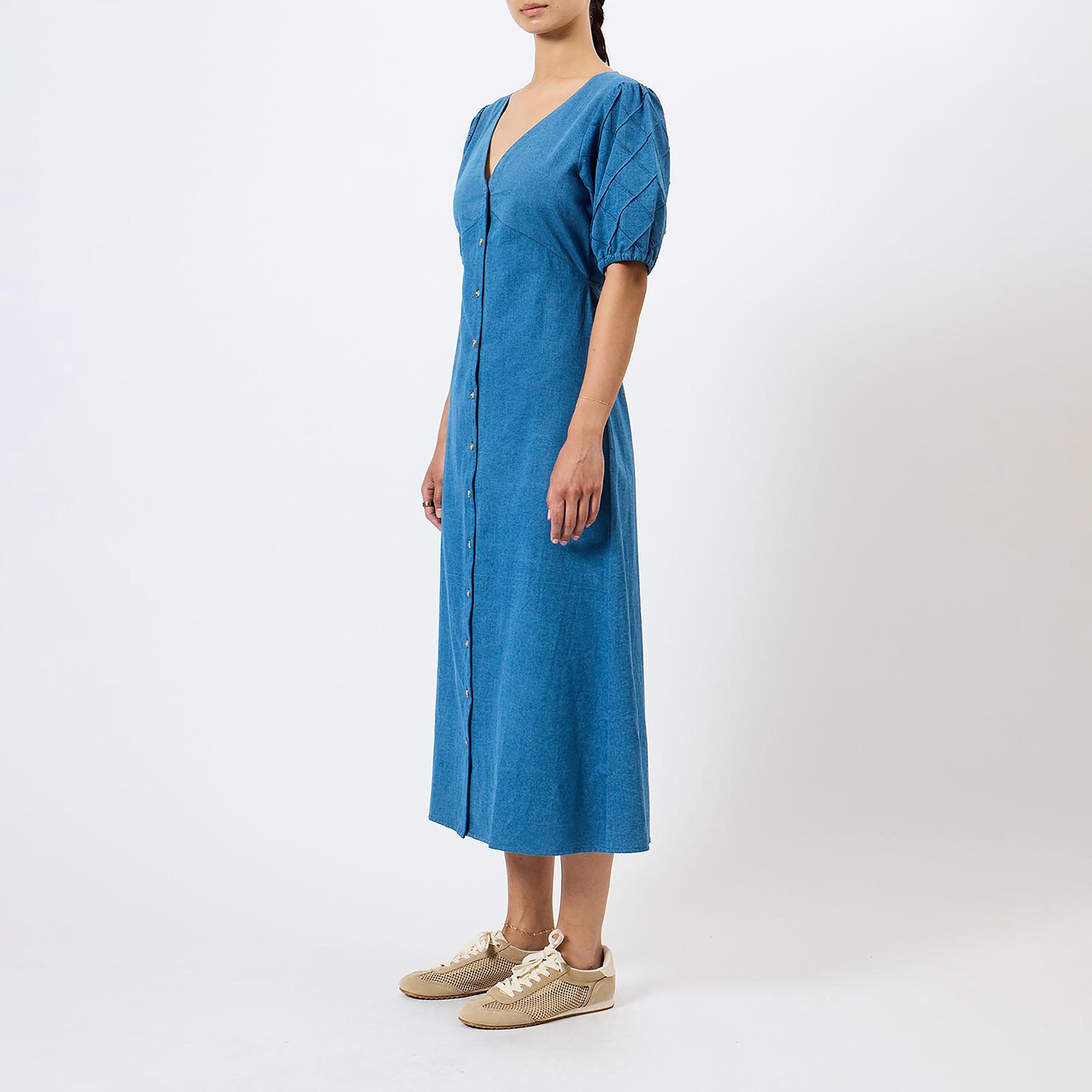فستان ميدي قطن حريمي بأكمام منتفخة باللون الأزرق من فرينش كونكشن-women-clothing-dresses-image-7