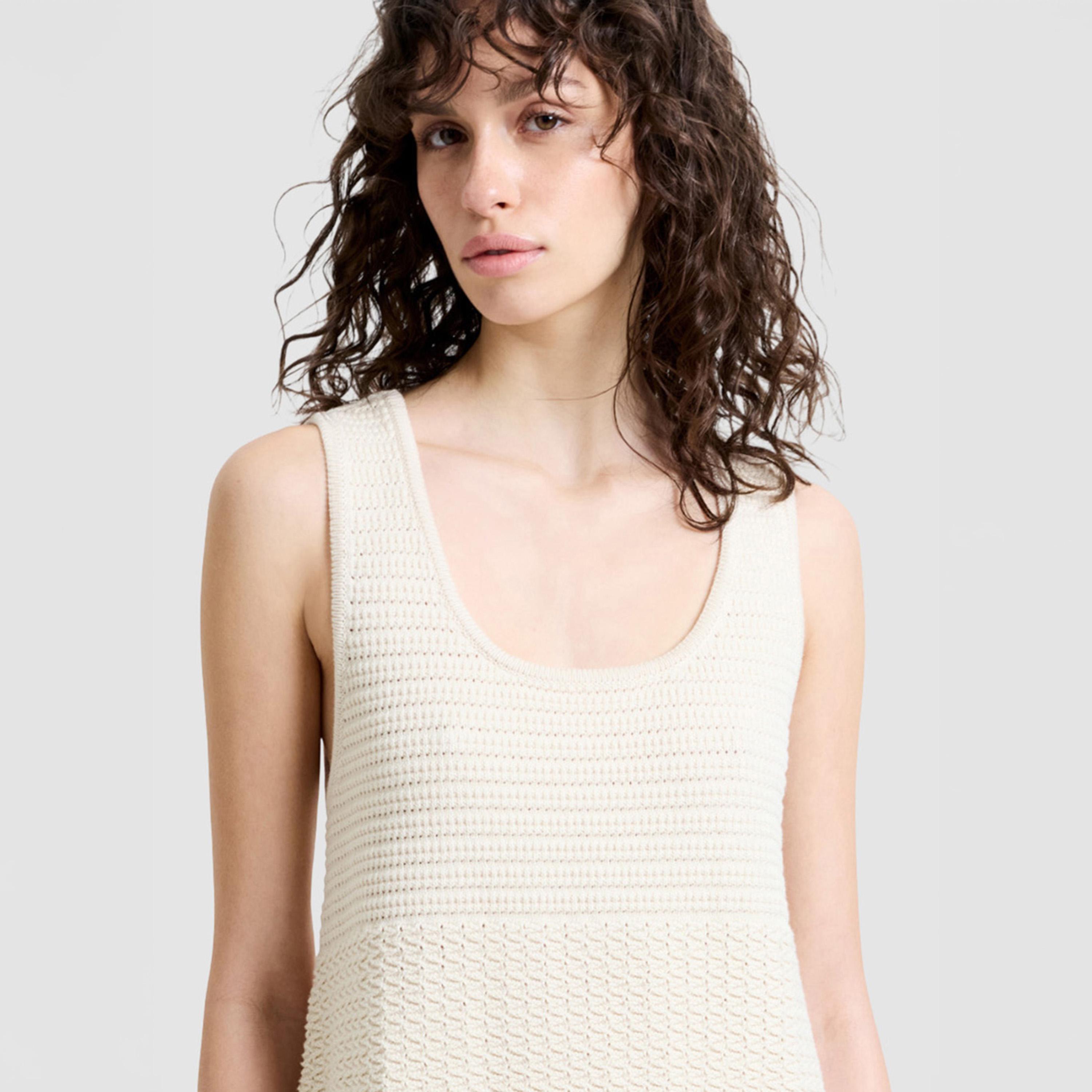 French Connection Cream Knitted Cotton Scoop Neck Shift Women's Dress-women-clothing-dresses-image-5