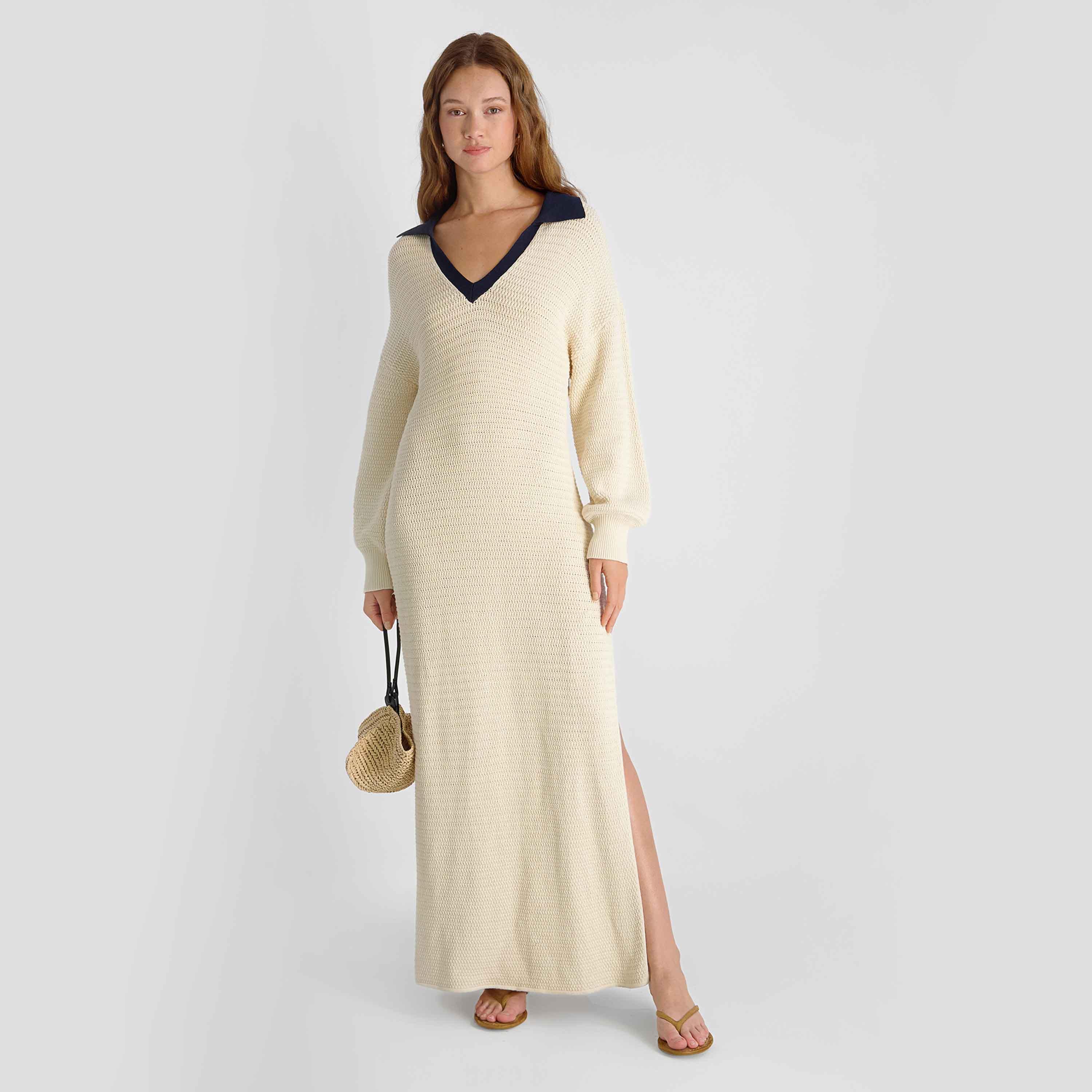فستان نسائي محبوك قطن بياقة وأكمام منسدلة وفتحة لون بيج من فرينش كونكشن-women-clothing-dresses-image-2