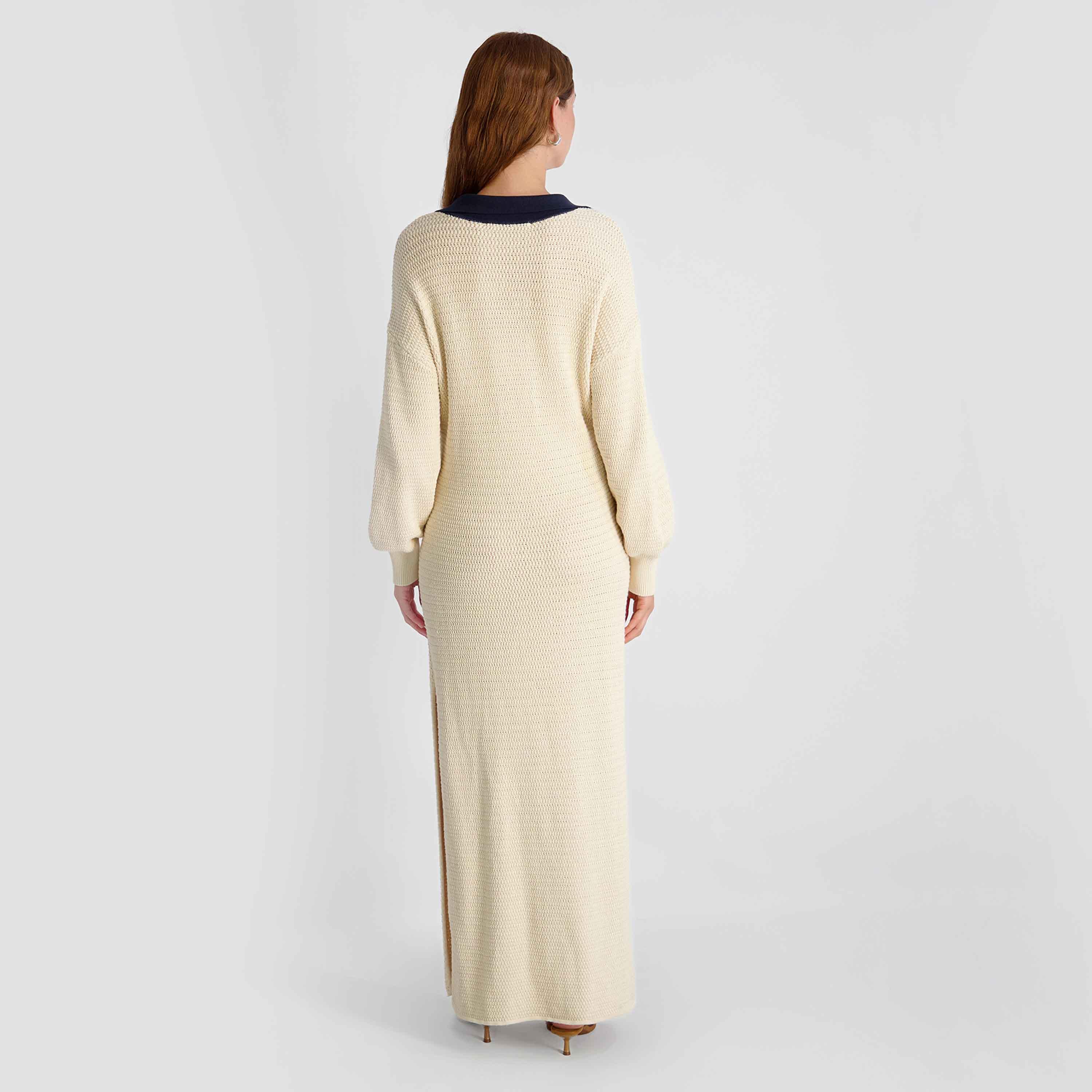 فستان نسائي محبوك قطن بياقة وأكمام منسدلة وفتحة لون بيج من فرينش كونكشن-women-clothing-dresses-image-5