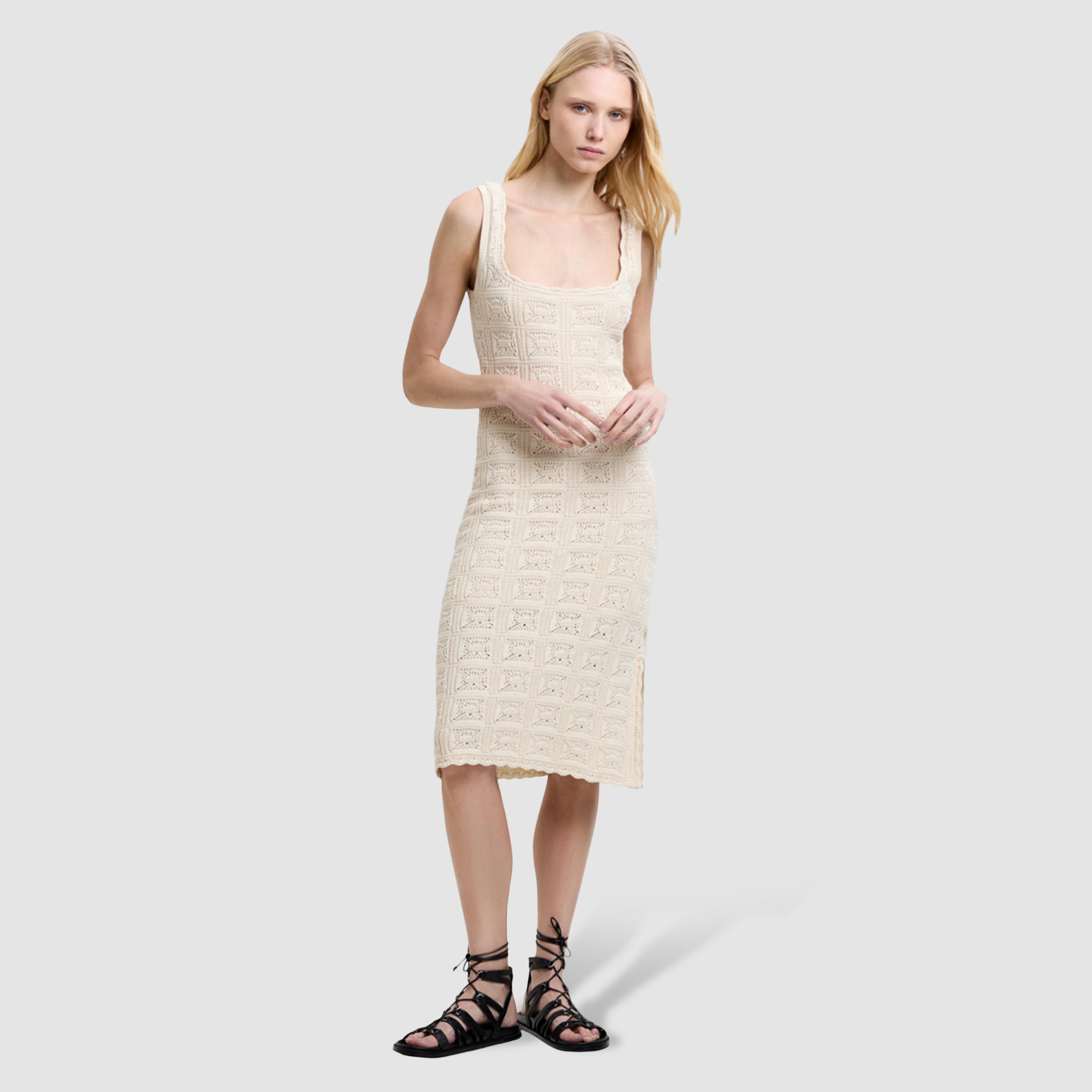 فستان نسائي مستقيم بياقة مربعة ومحبوك قطن لون كريمي من فرينش كونكشن-women-clothing-dresses-image-1