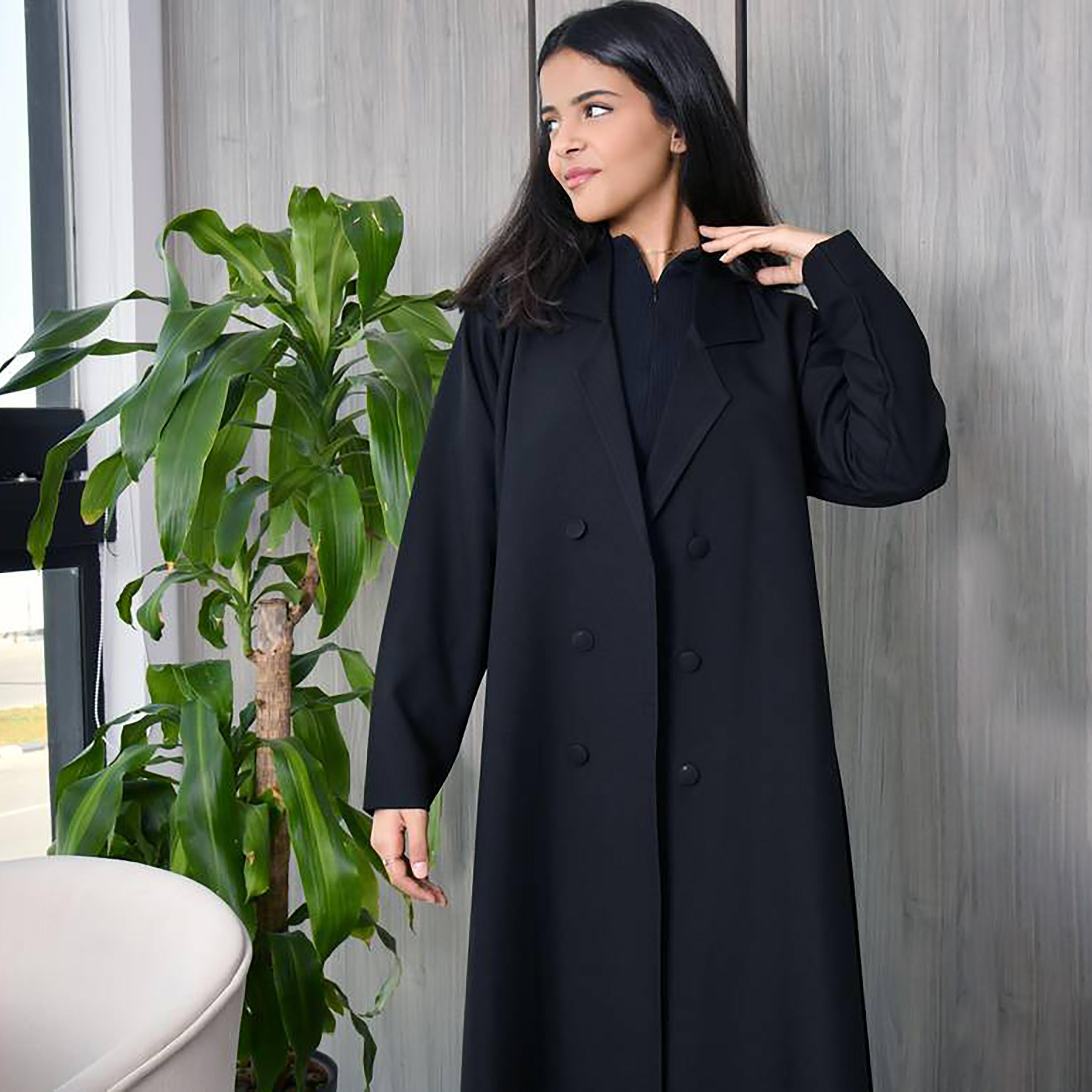 Hawraa Crepe Notched Lapel Wrap Abaya with Hijab-girls-arabicclothing-abayas-image-1