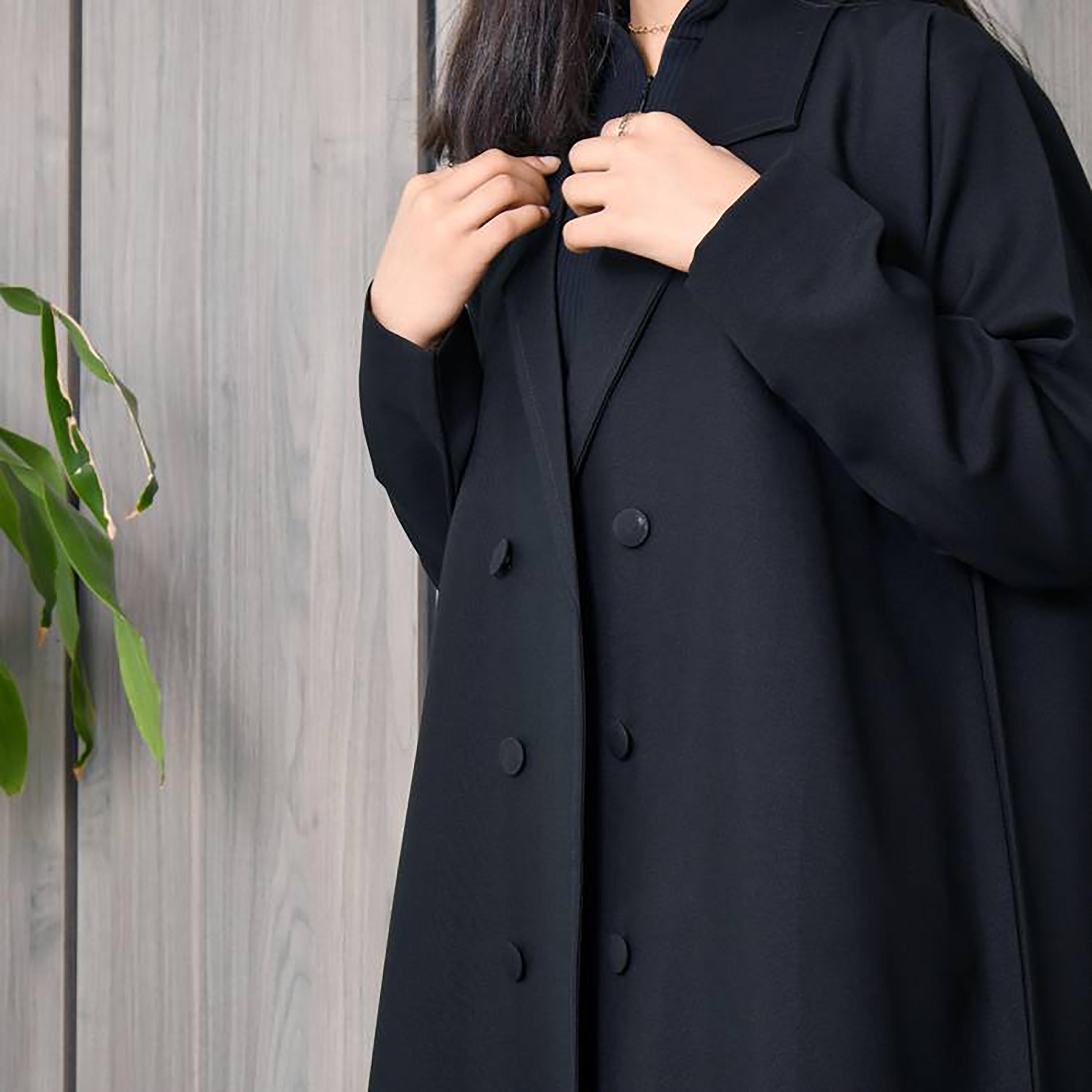 Hawraa Crepe Notched Lapel Wrap Abaya with Hijab-girls-arabicclothing-abayas-image-3