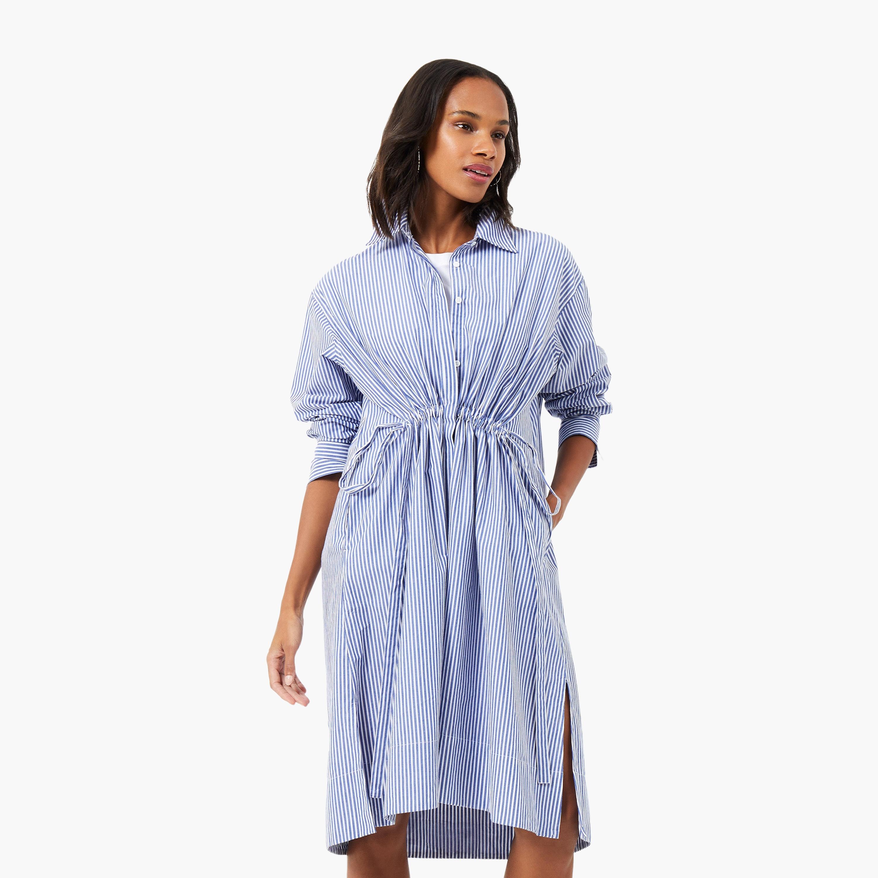قميص قطني أزرق مخطط بياقة، فستان نسائي بطول الركبة من فرينش كونيكشن-women-clothing-dresses-image-1