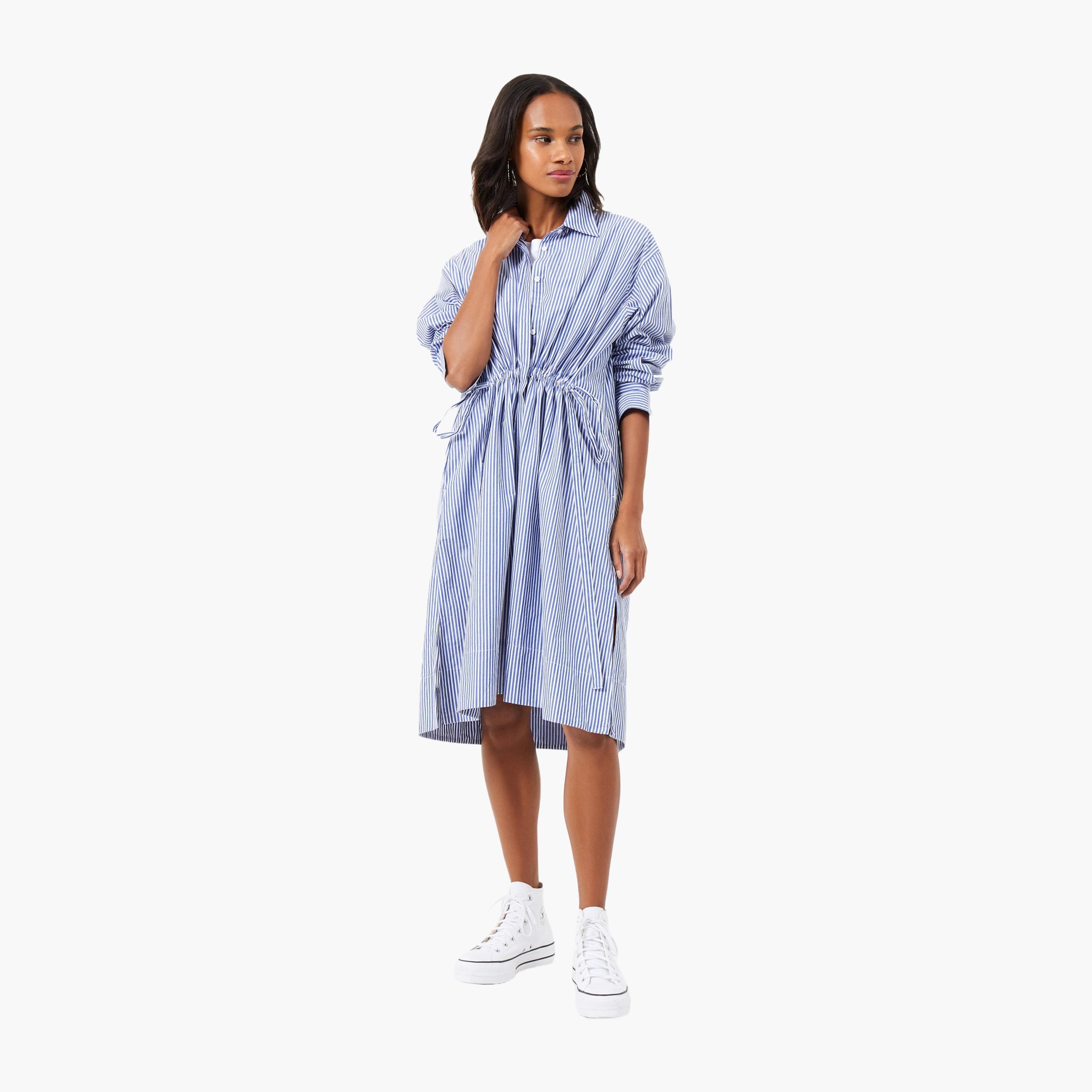 قميص قطني أزرق مخطط بياقة، فستان نسائي بطول الركبة من فرينش كونيكشن-women-clothing-dresses-image-2