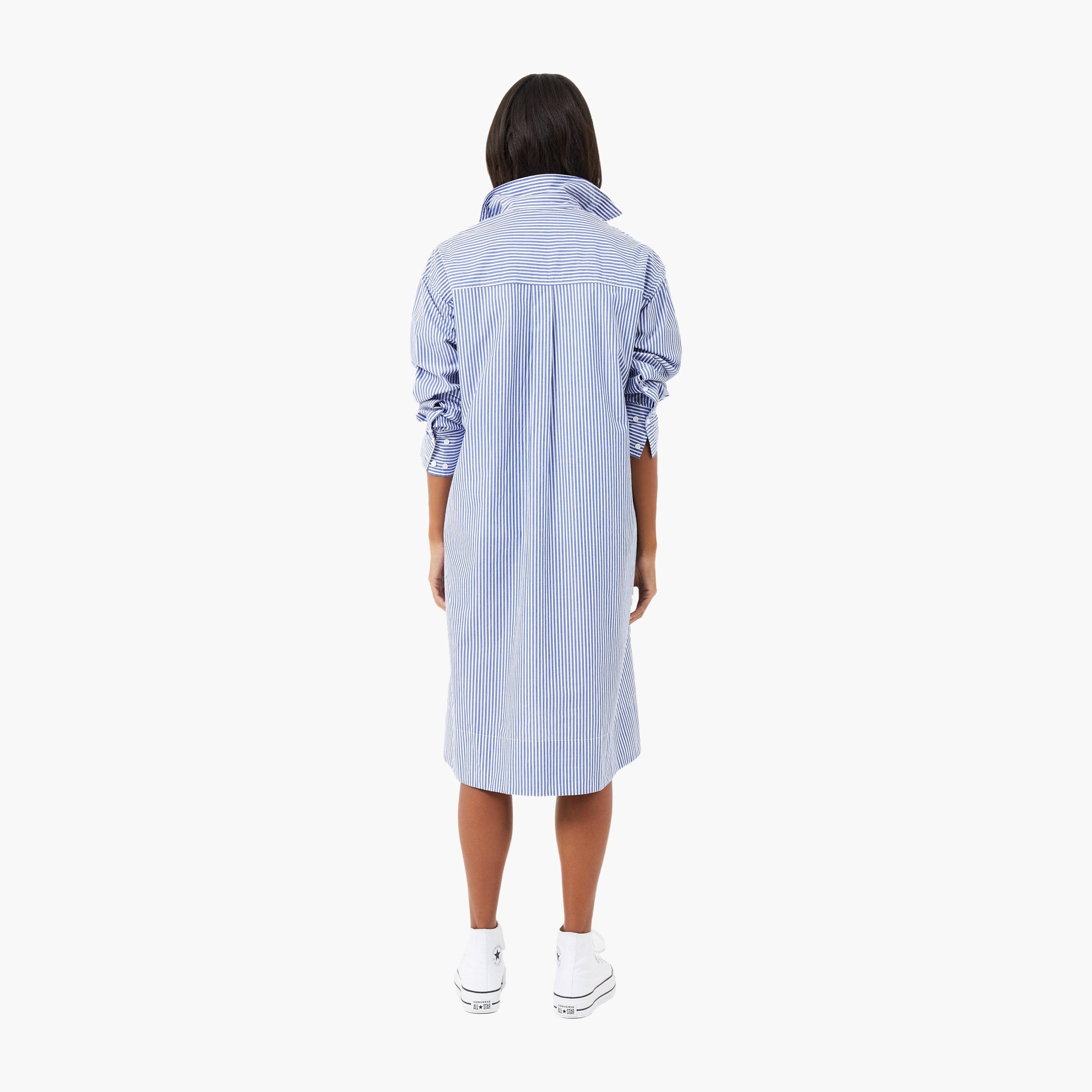 قميص قطني أزرق مخطط بياقة، فستان نسائي بطول الركبة من فرينش كونيكشن-women-clothing-dresses-image-3