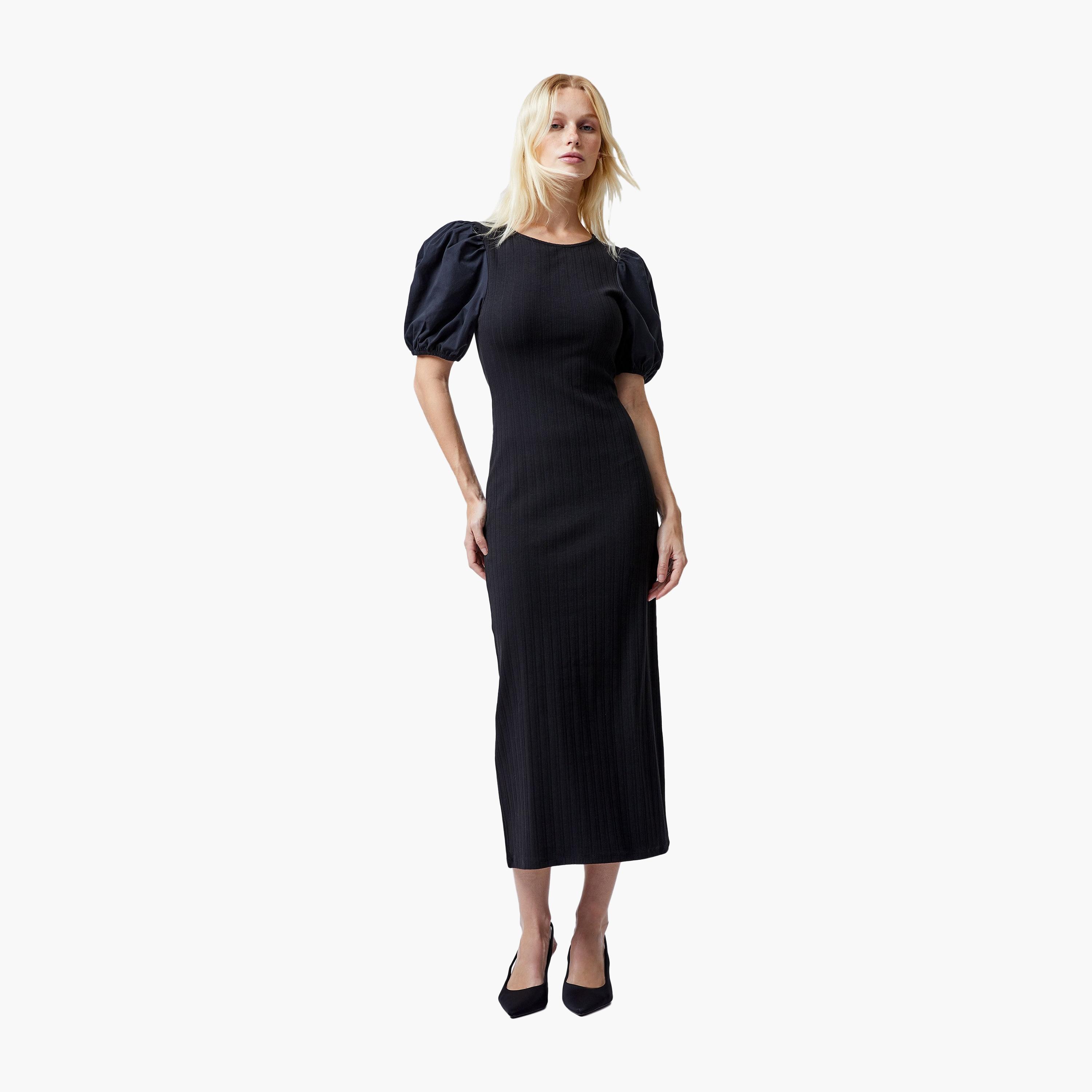 فستان ميدي نسائي أسود بأكمام منفوخة منقوشة من فرينش كونيكشن-women-clothing-dresses-image-1