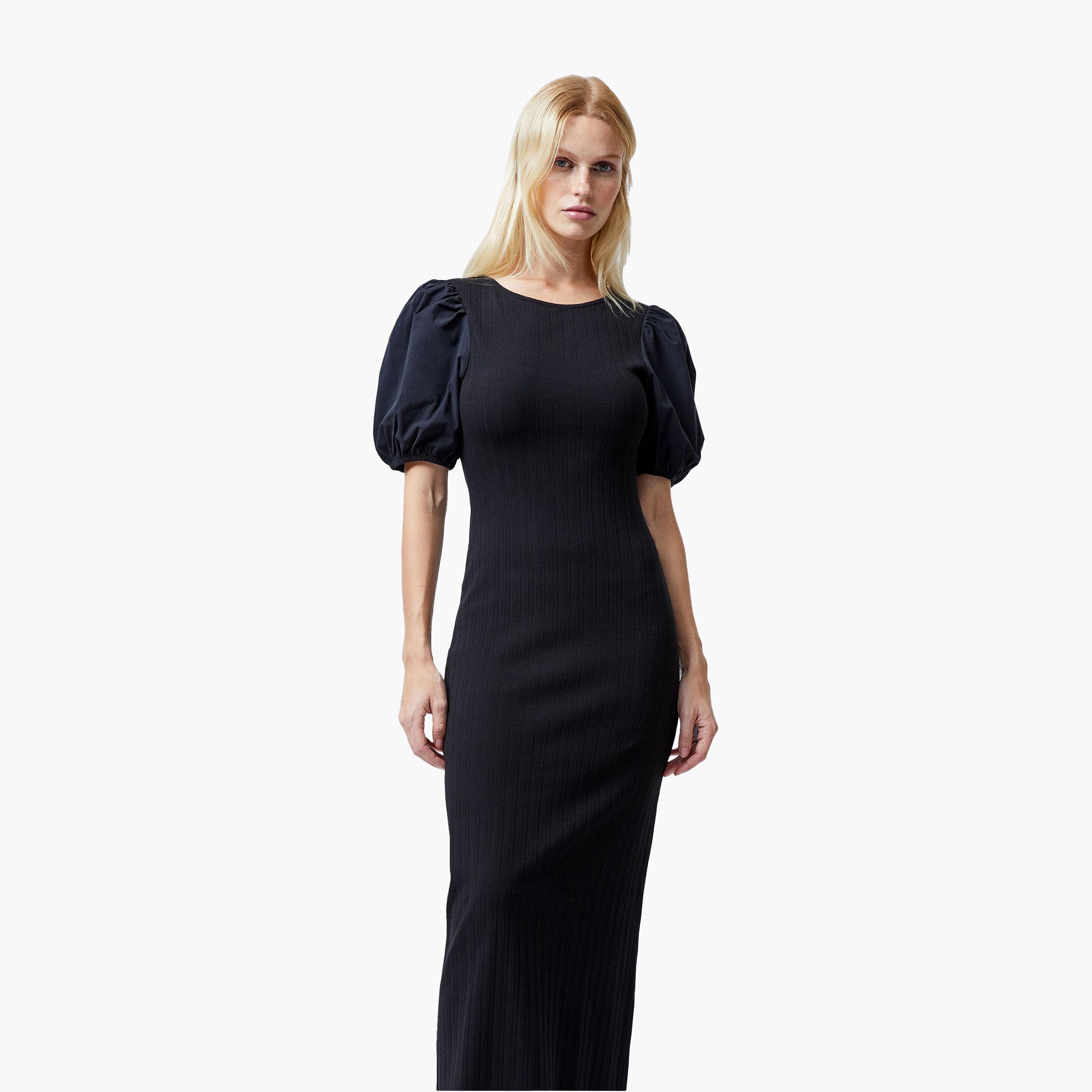 فستان ميدي نسائي أسود بأكمام منفوخة منقوشة من فرينش كونيكشن-women-clothing-dresses-image-2
