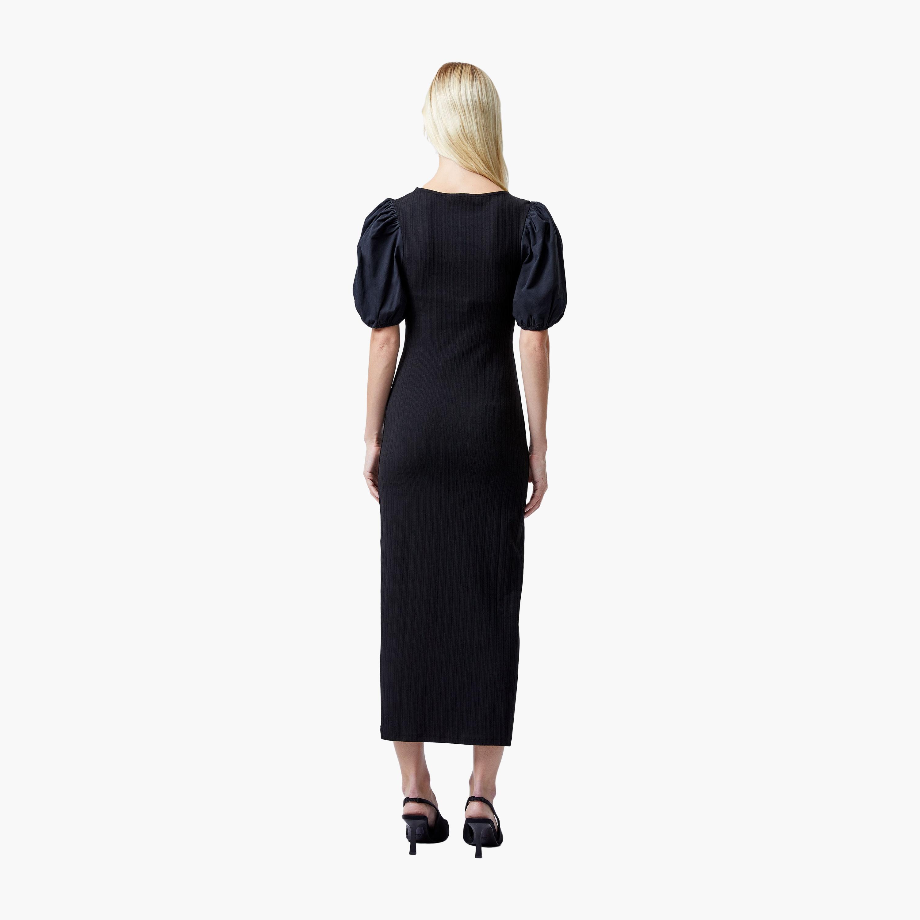 فستان ميدي نسائي أسود بأكمام منفوخة منقوشة من فرينش كونيكشن-women-clothing-dresses-image-3
