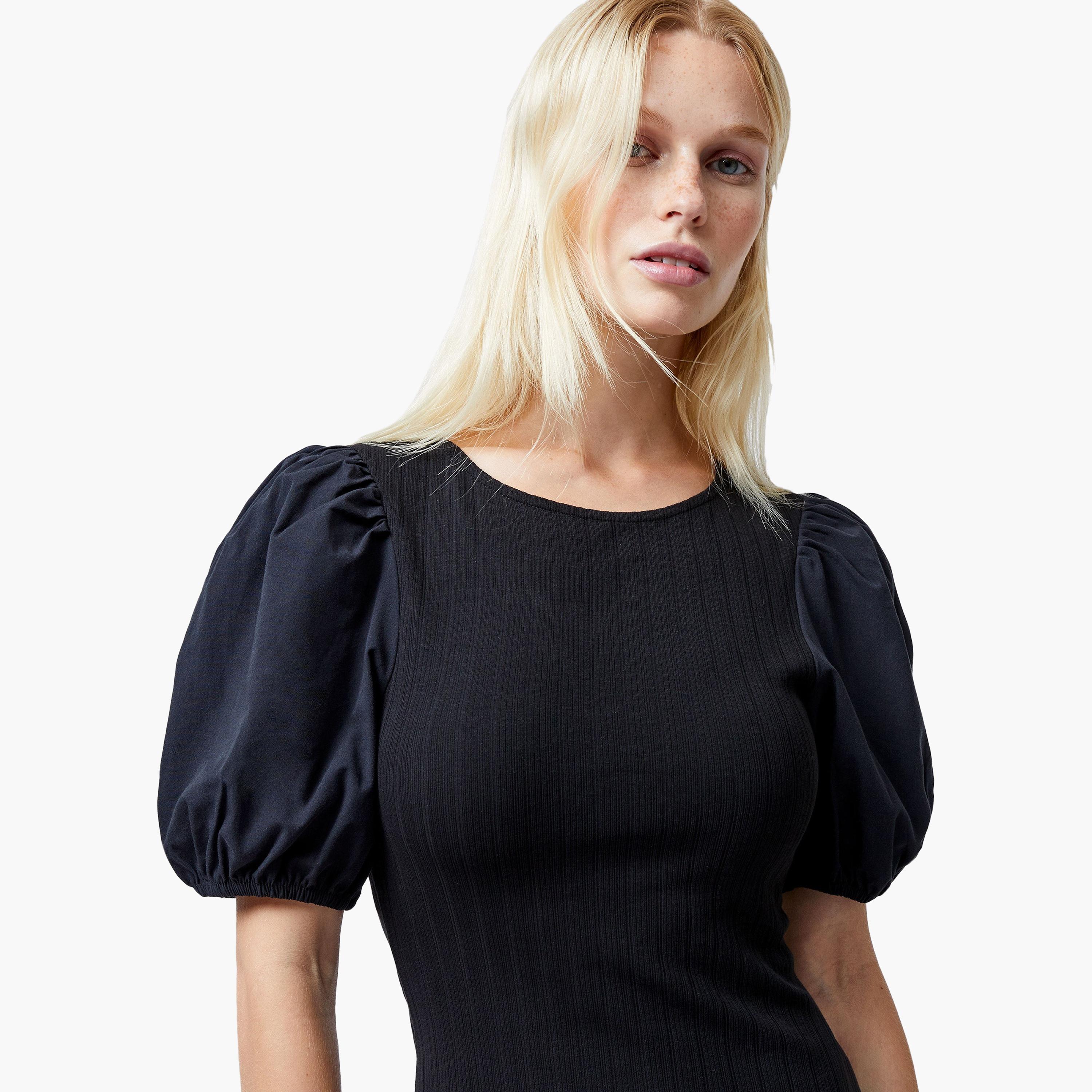 فستان ميدي نسائي أسود بأكمام منفوخة منقوشة من فرينش كونيكشن-women-clothing-dresses-image-4