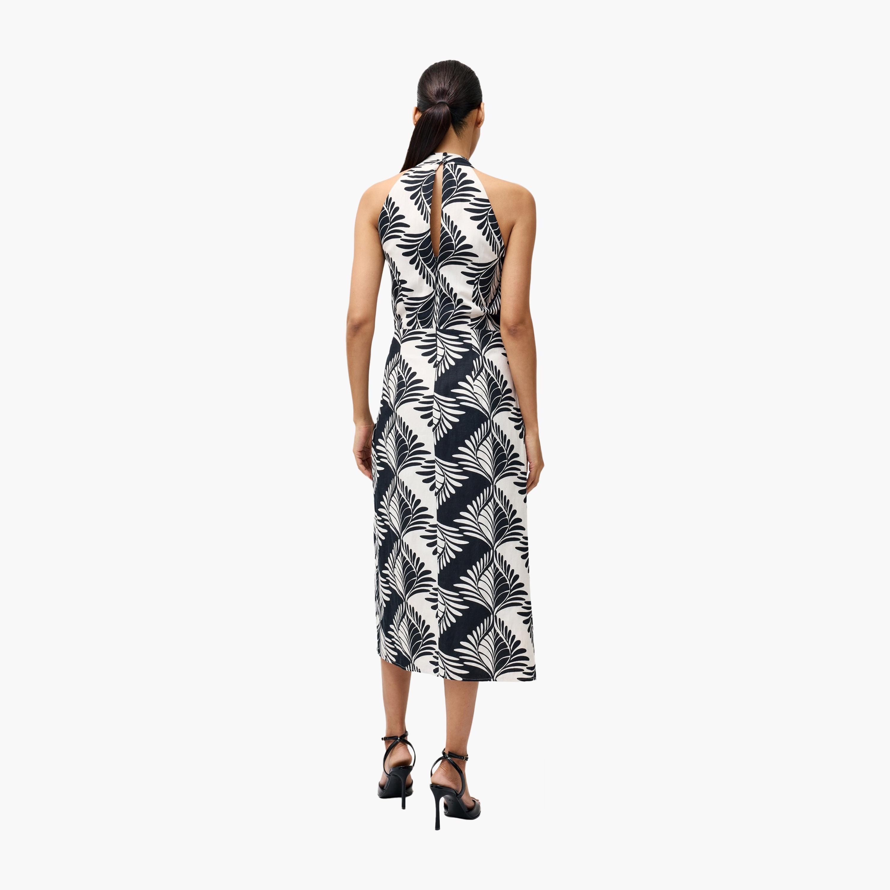 فستان ميدي أسود مطبوع بياقة هالتر للنساء من فرينش كونيكشن-women-clothing-dresses-image-3