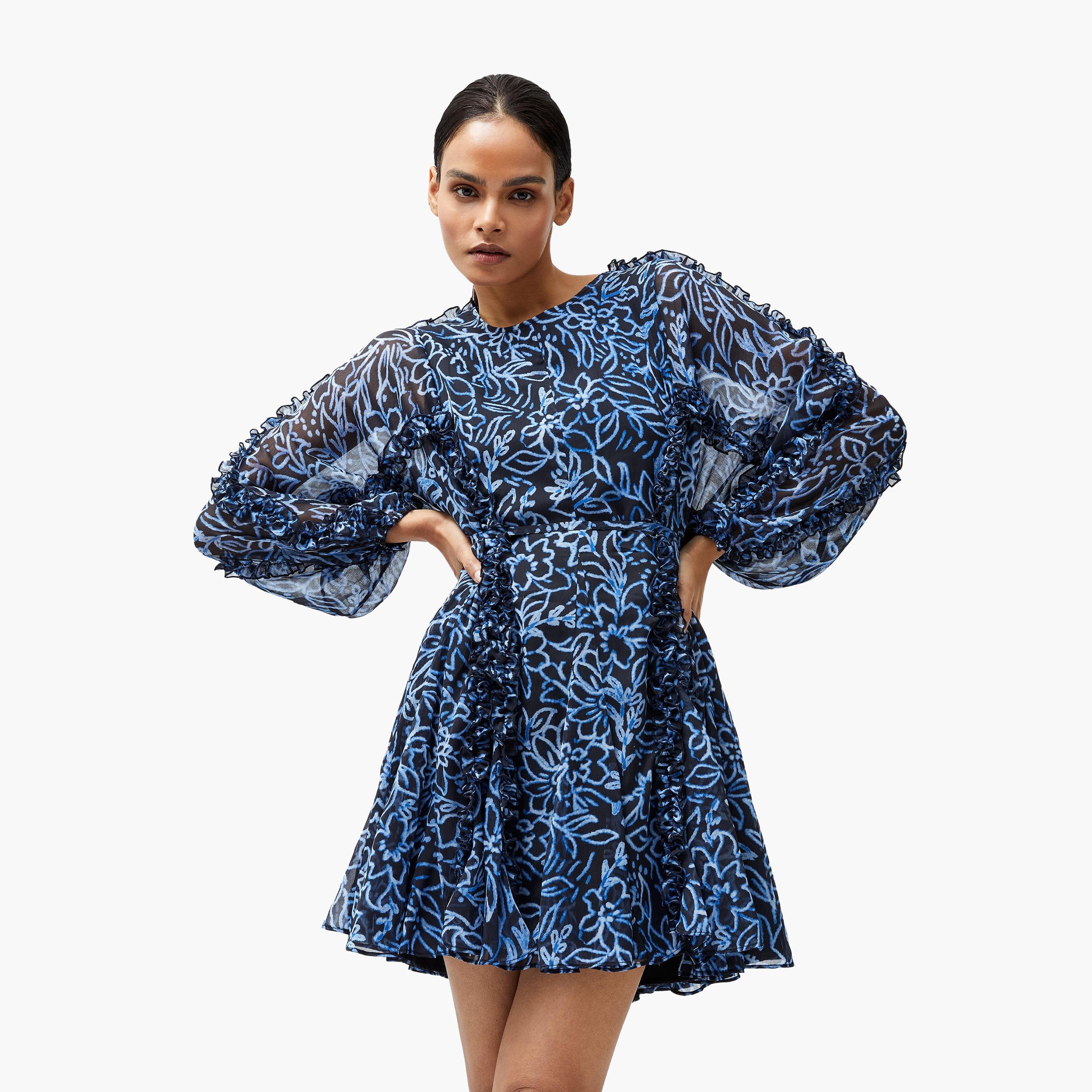 French Connection Blue Printed Balloon Sleeves Women's Mini Dress-women-clothing-dresses-image-1