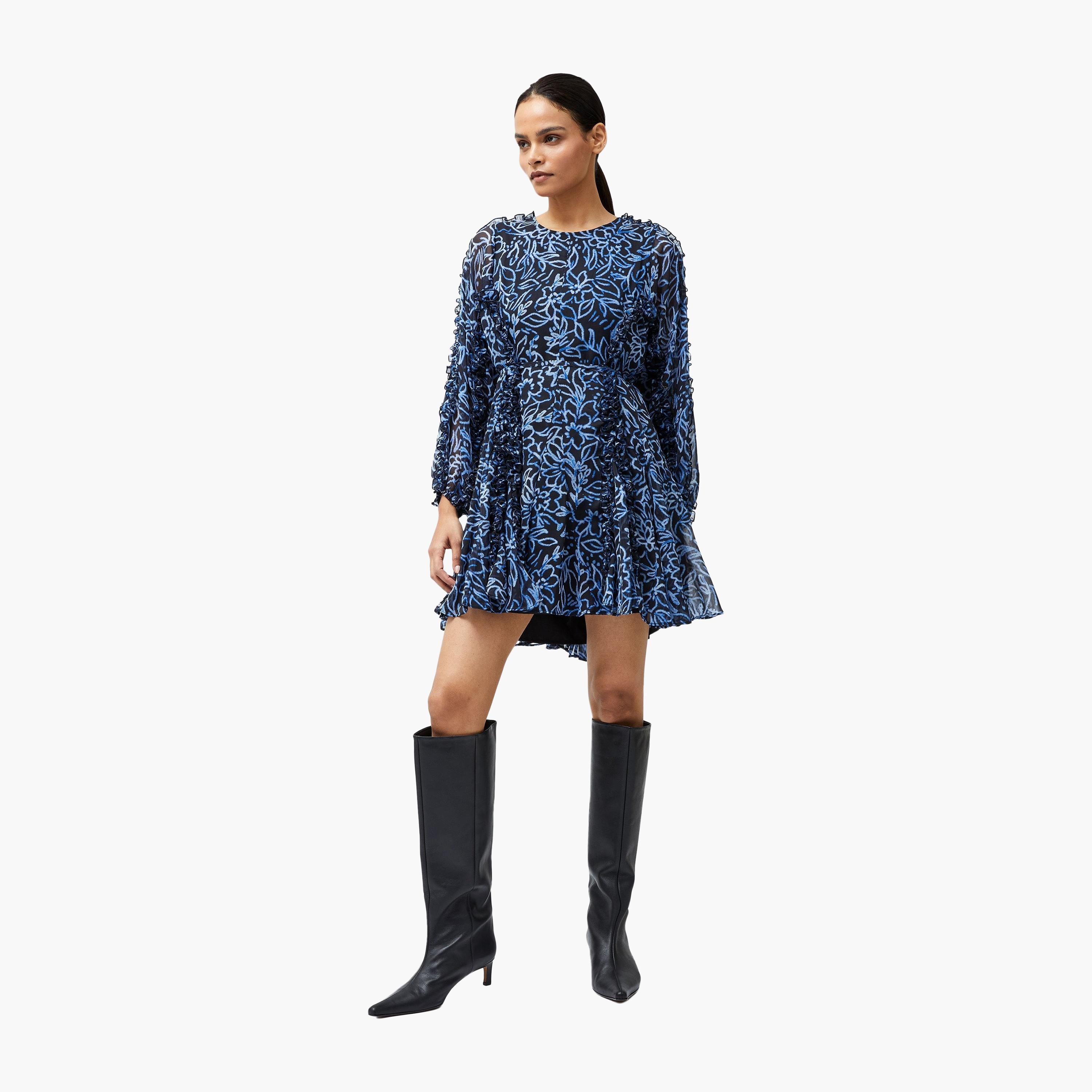 French Connection Blue Printed Balloon Sleeves Women's Mini Dress-women-clothing-dresses-image-2