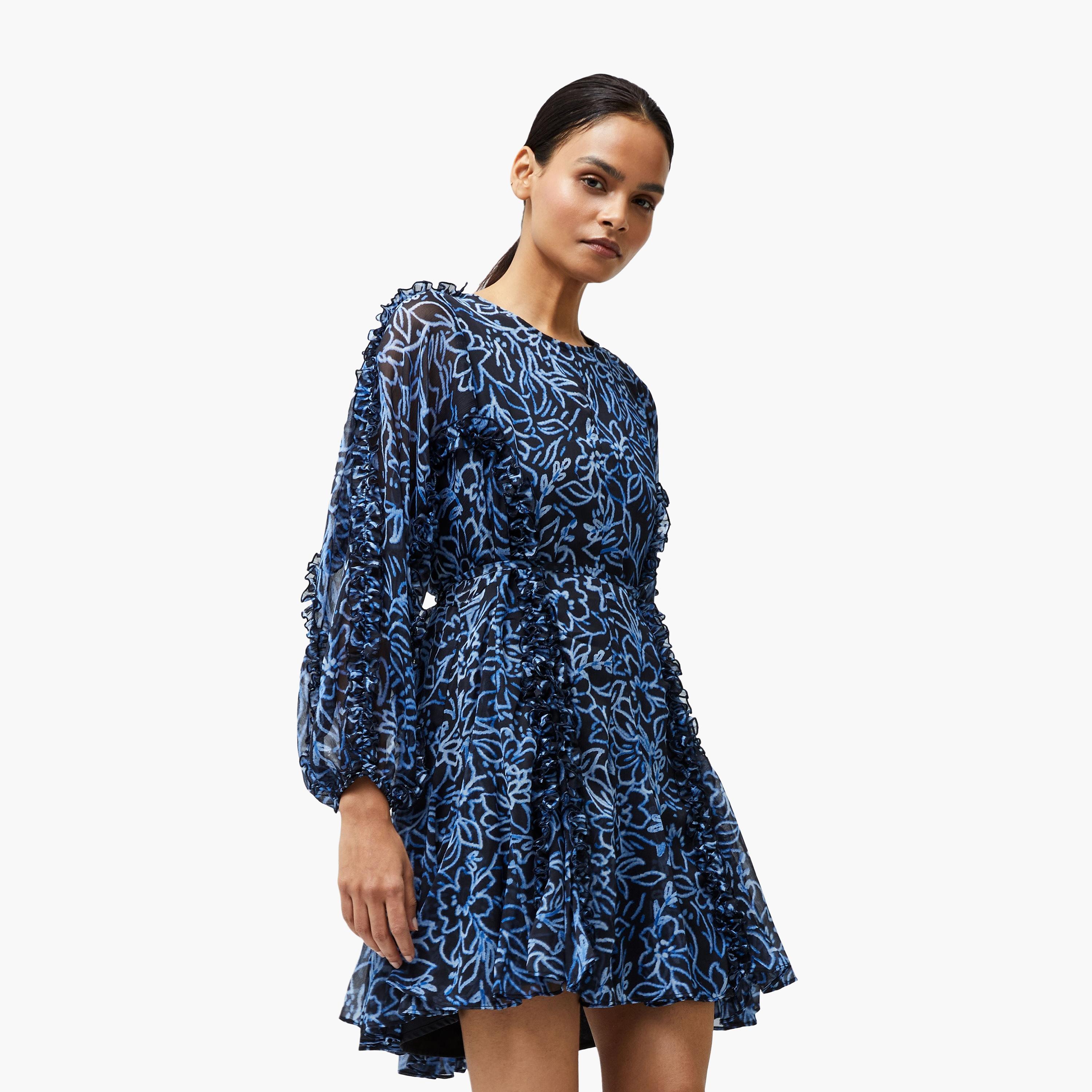 French Connection Blue Printed Balloon Sleeves Women's Mini Dress-women-clothing-dresses-image-4