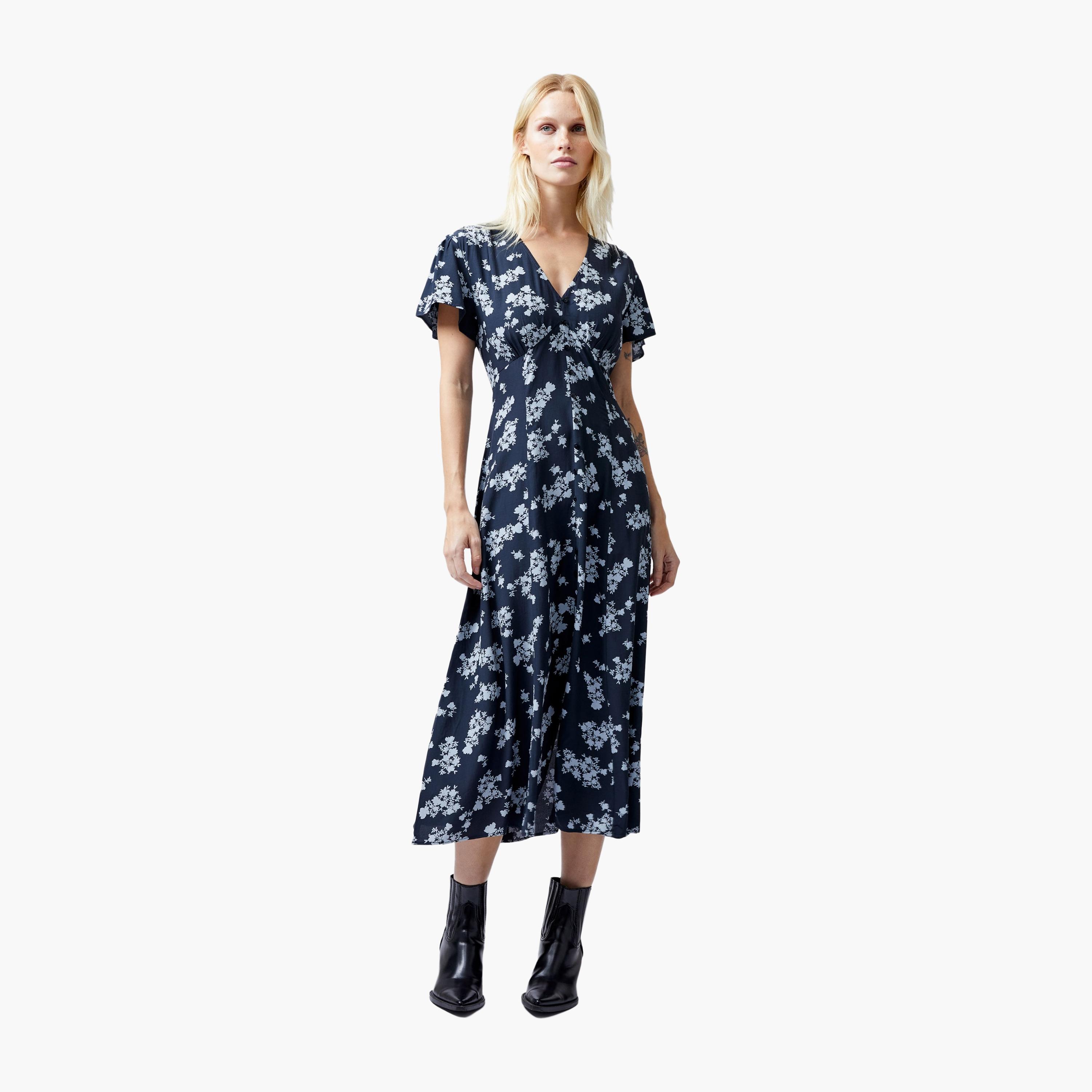 French Connection Blue Floral Print Flutter Sleeves Women's Midi Dress-women-clothing-dresses-image-1