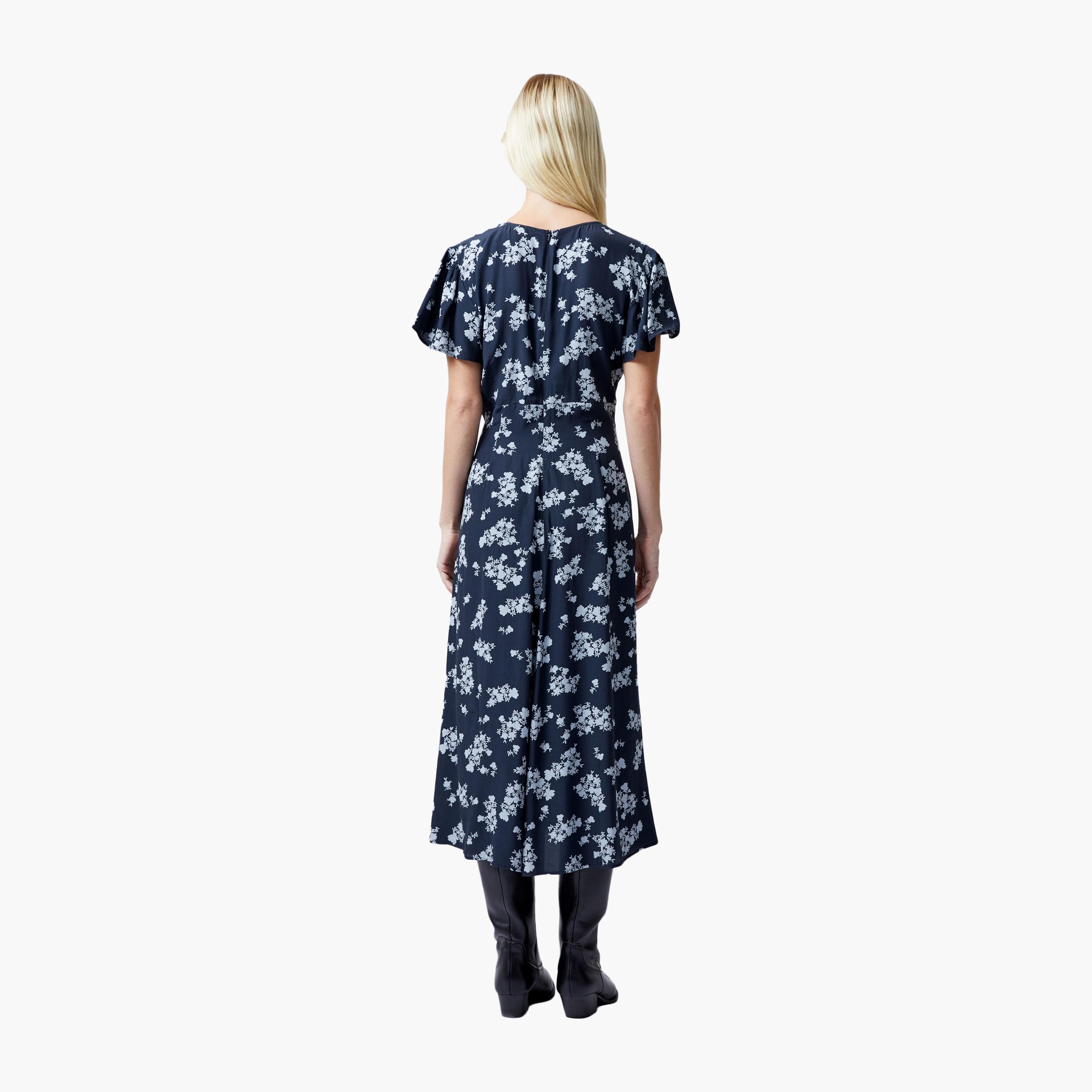 French Connection Blue Floral Print Flutter Sleeves Women's Midi Dress-women-clothing-dresses-image-3