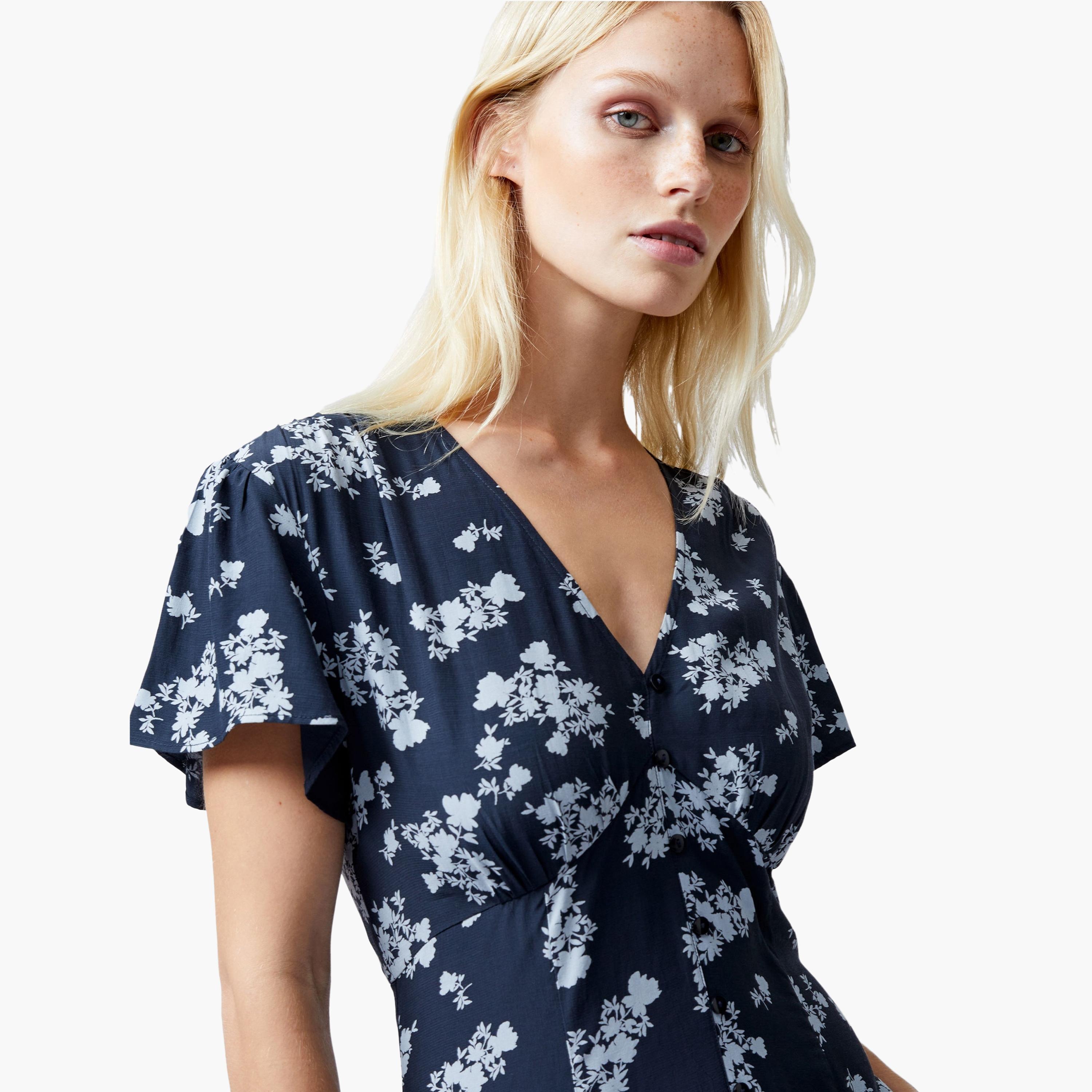 French Connection Blue Floral Print Flutter Sleeves Women's Midi Dress-women-clothing-dresses-image-4