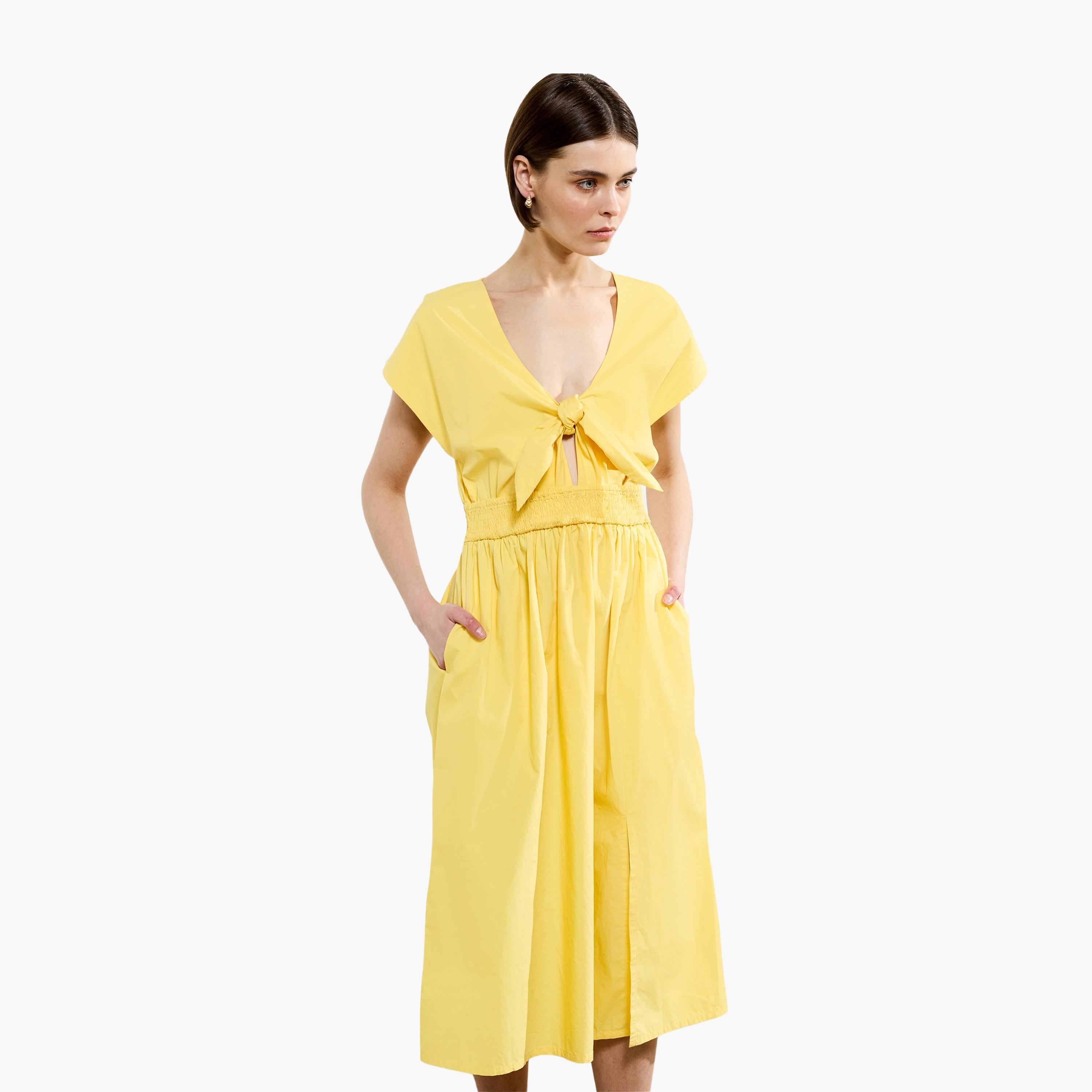 فستان ميدي نسائي بأكمام قصيرة وفتحة جانبية من القطن من فرينش كونيكشن-women-clothing-dresses-image-1