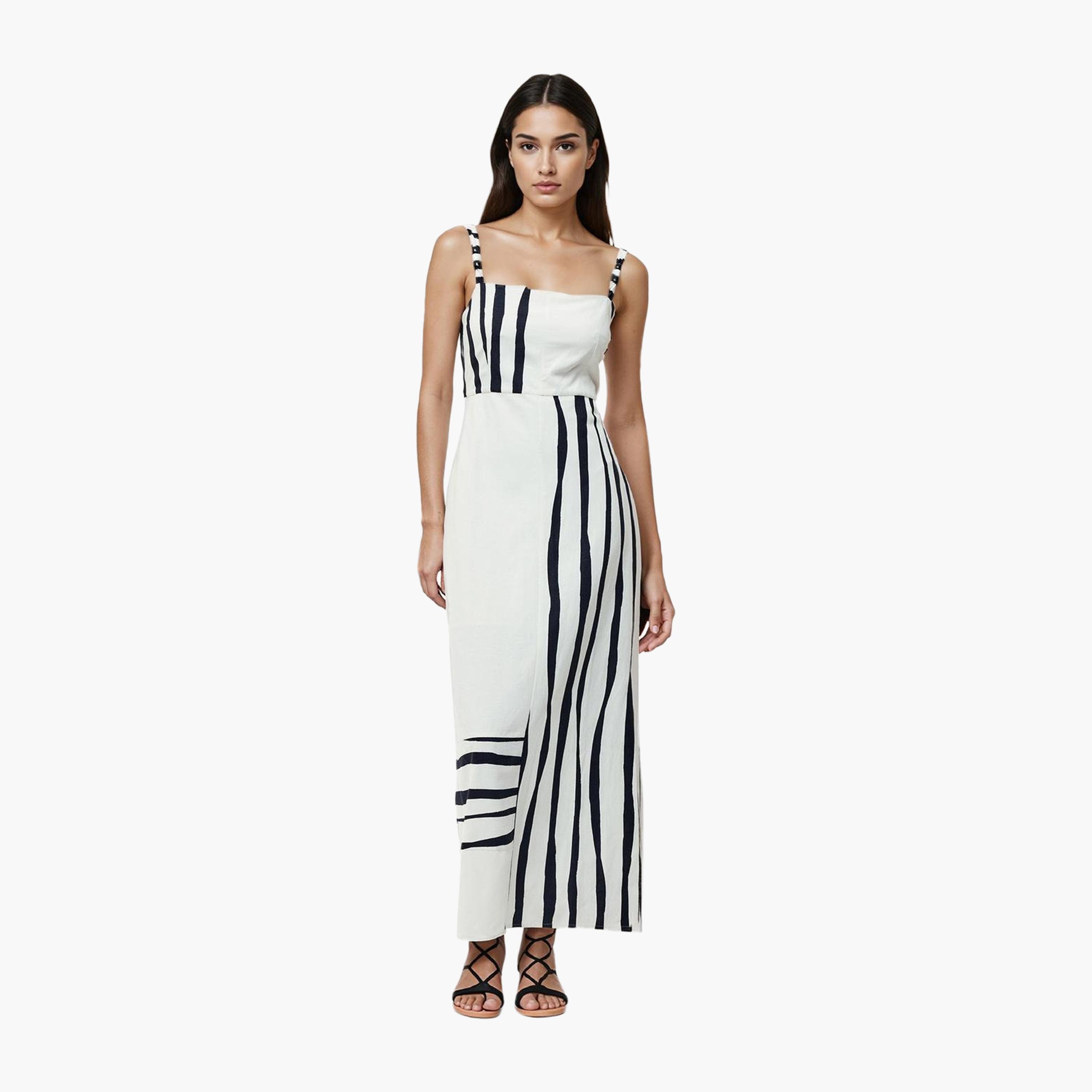French Connection White Striped Square Neck Slit Women's Maxi Dress-women-clothing-dresses-image-1
