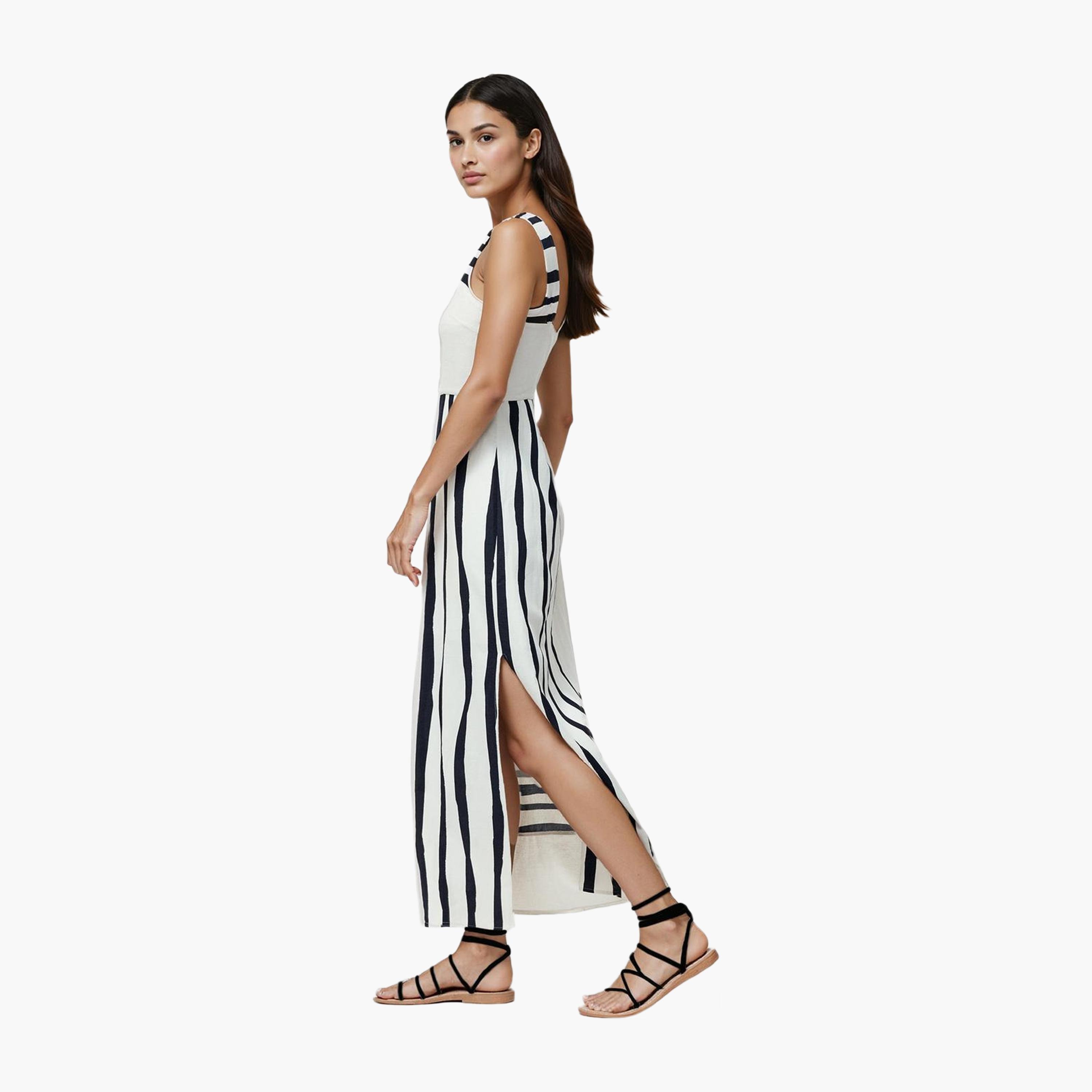 French Connection White Striped Square Neck Slit Women's Maxi Dress-women-clothing-dresses-image-2