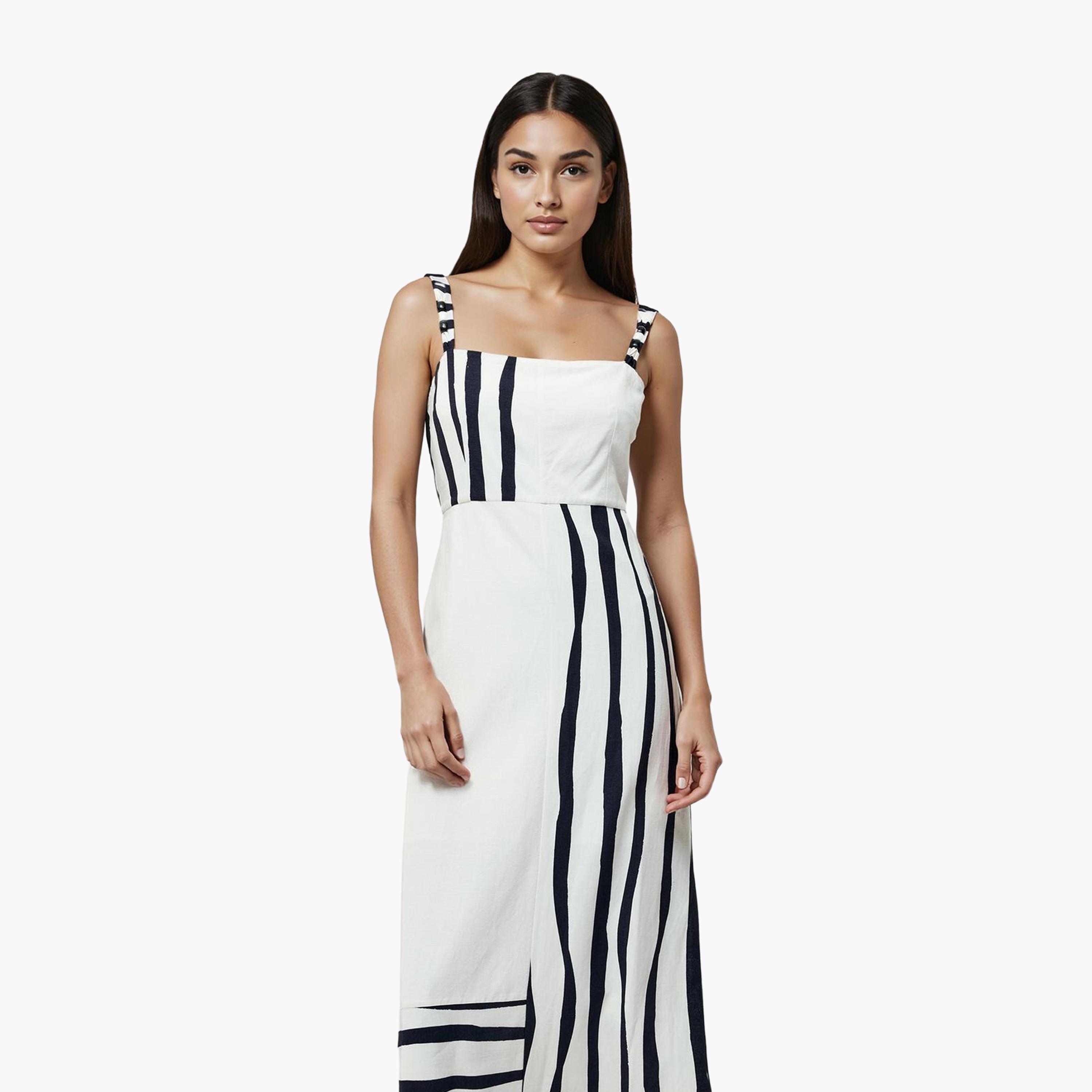 French Connection White Striped Square Neck Slit Women's Maxi Dress-women-clothing-dresses-image-4