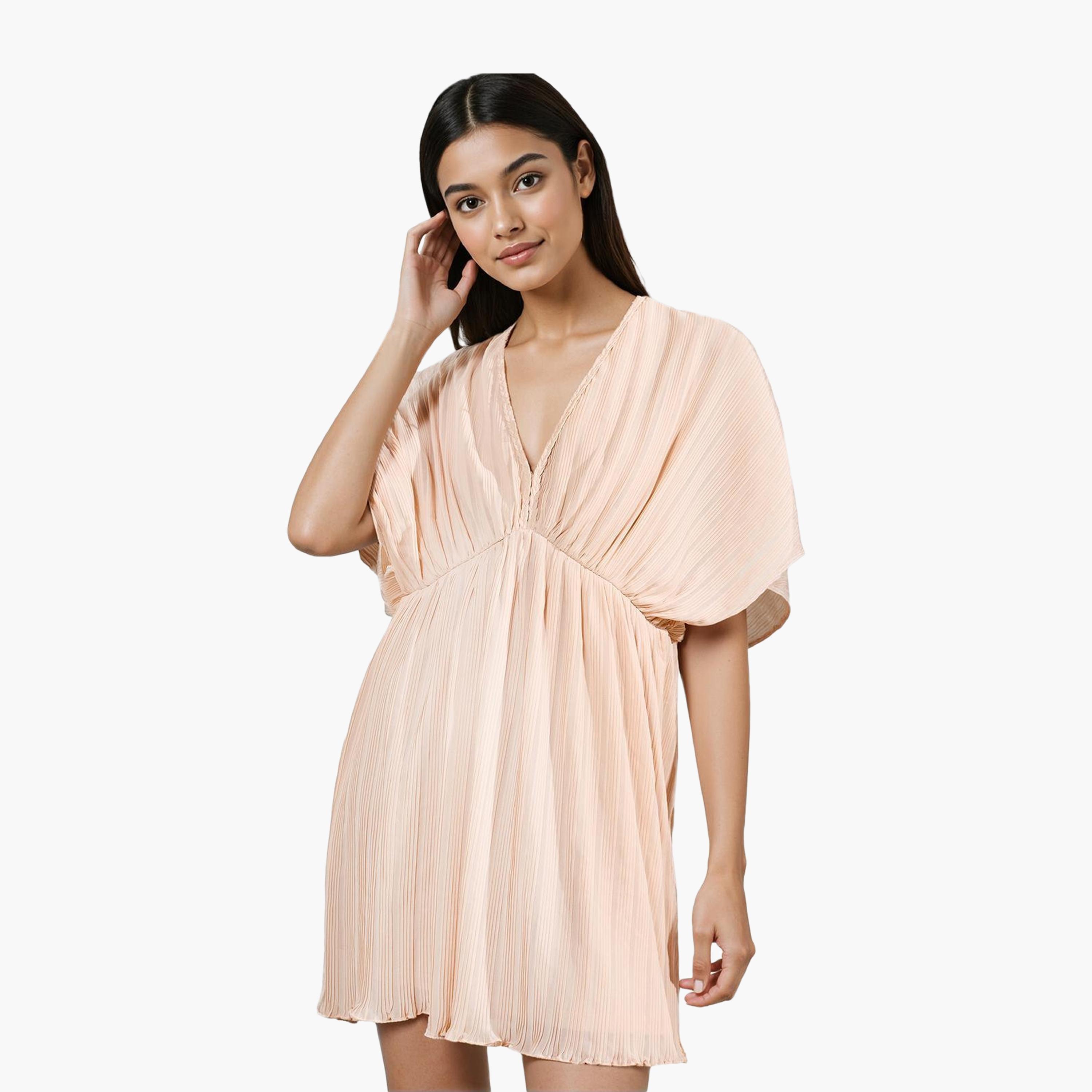 فستان قصير مخطط بيج للنساء من فرينش كونيكشن-women-clothing-dresses-image-1