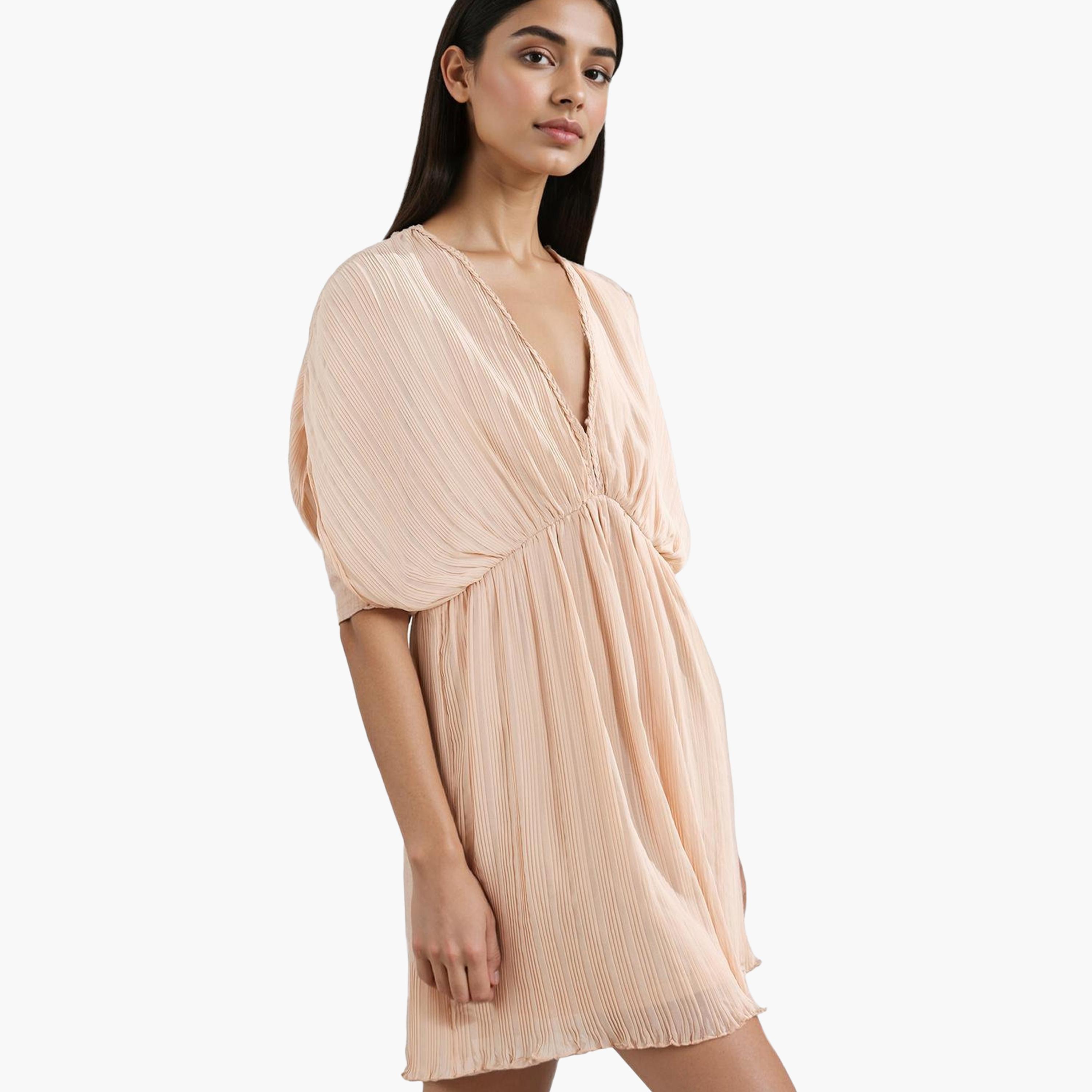 فستان قصير مخطط بيج للنساء من فرينش كونيكشن-women-clothing-dresses-image-4