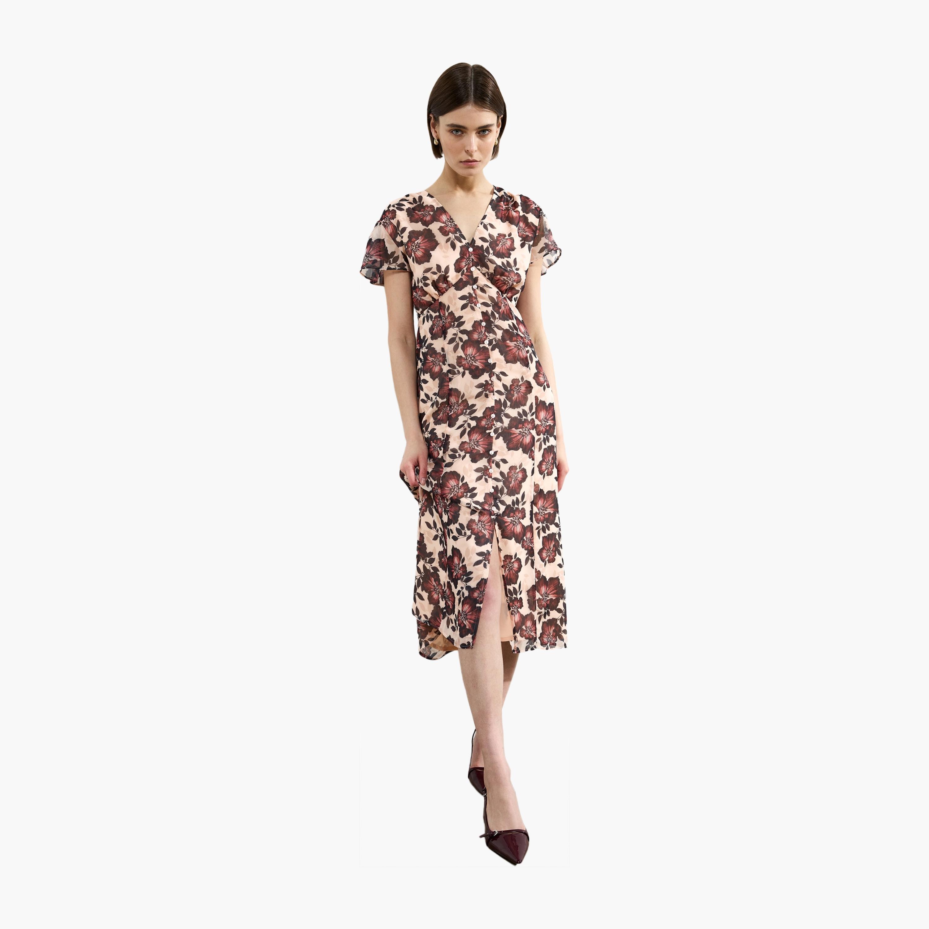 French Connection Multicolour Floral Print Cap Sleeves Slit Women's Midi Dress-women-clothing-dresses-image-1