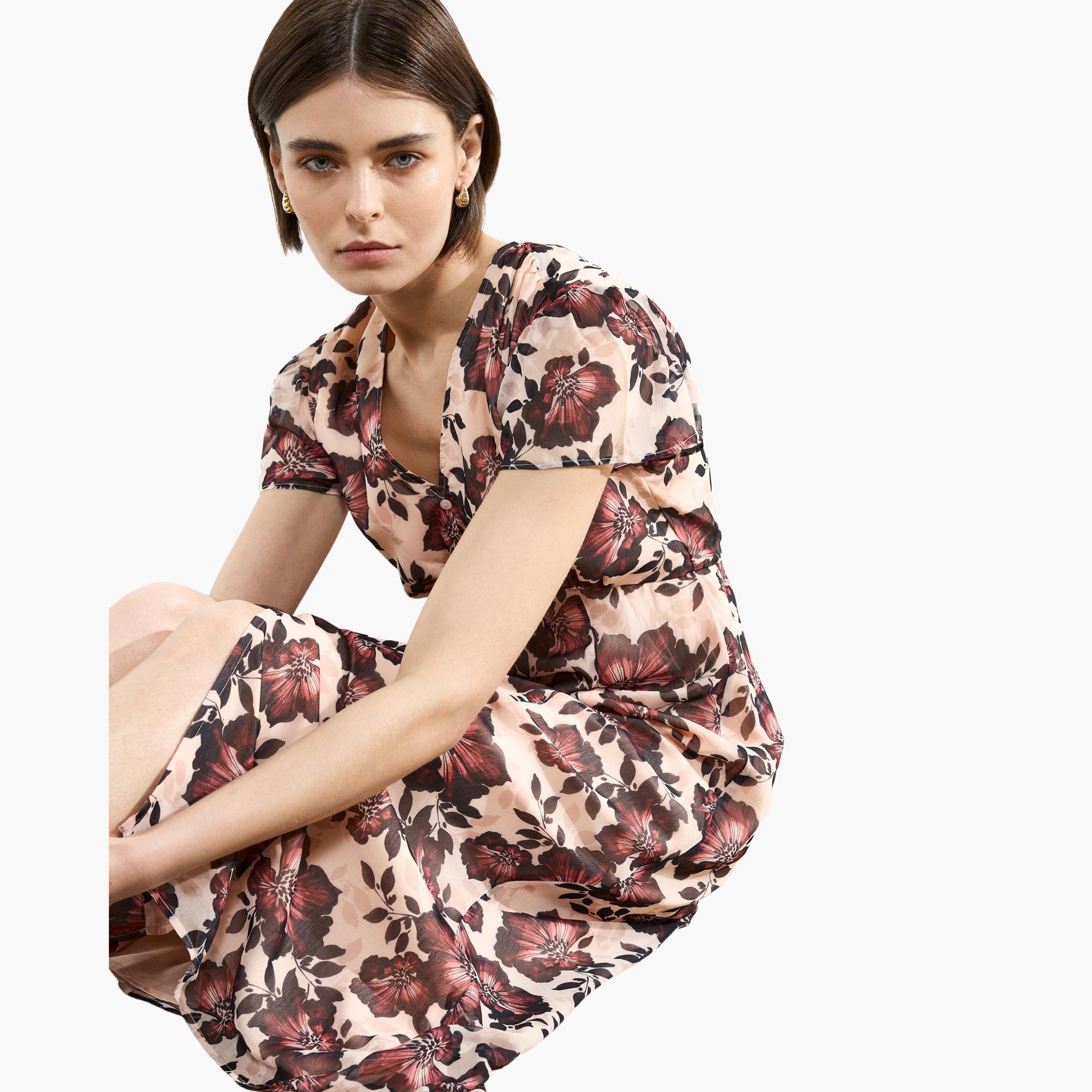 French Connection Multicolour Floral Print Cap Sleeves Slit Women's Midi Dress-women-clothing-dresses-image-2