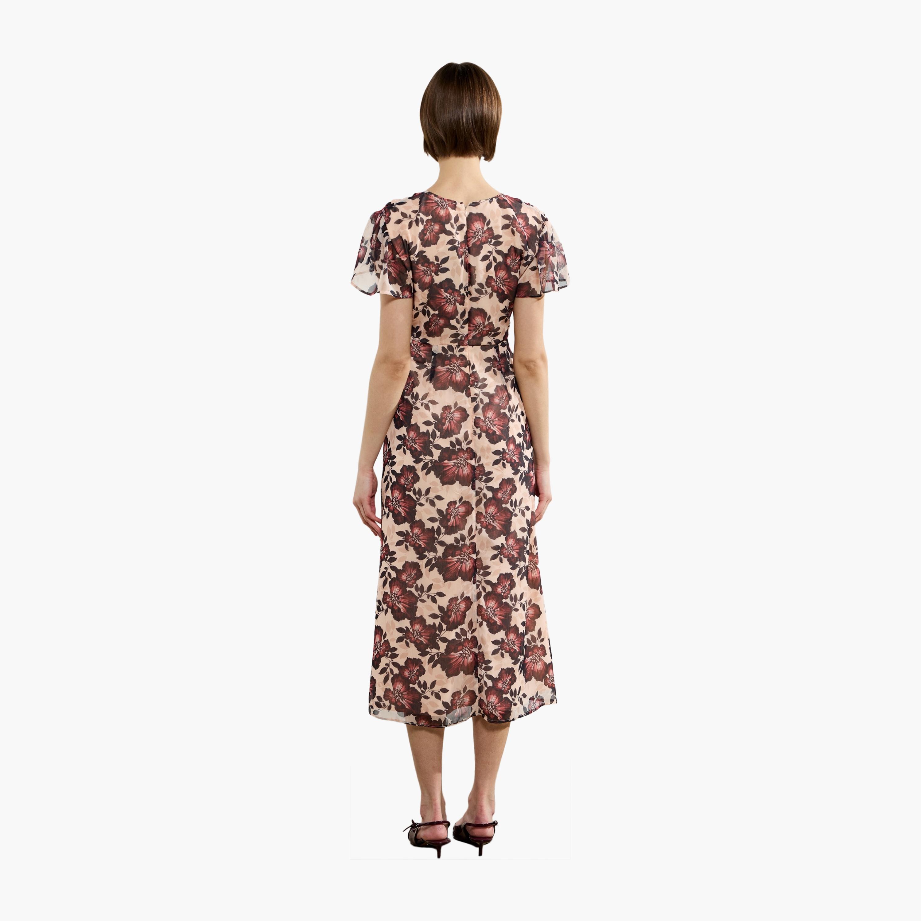 French Connection Multicolour Floral Print Cap Sleeves Slit Women's Midi Dress-women-clothing-dresses-image-3