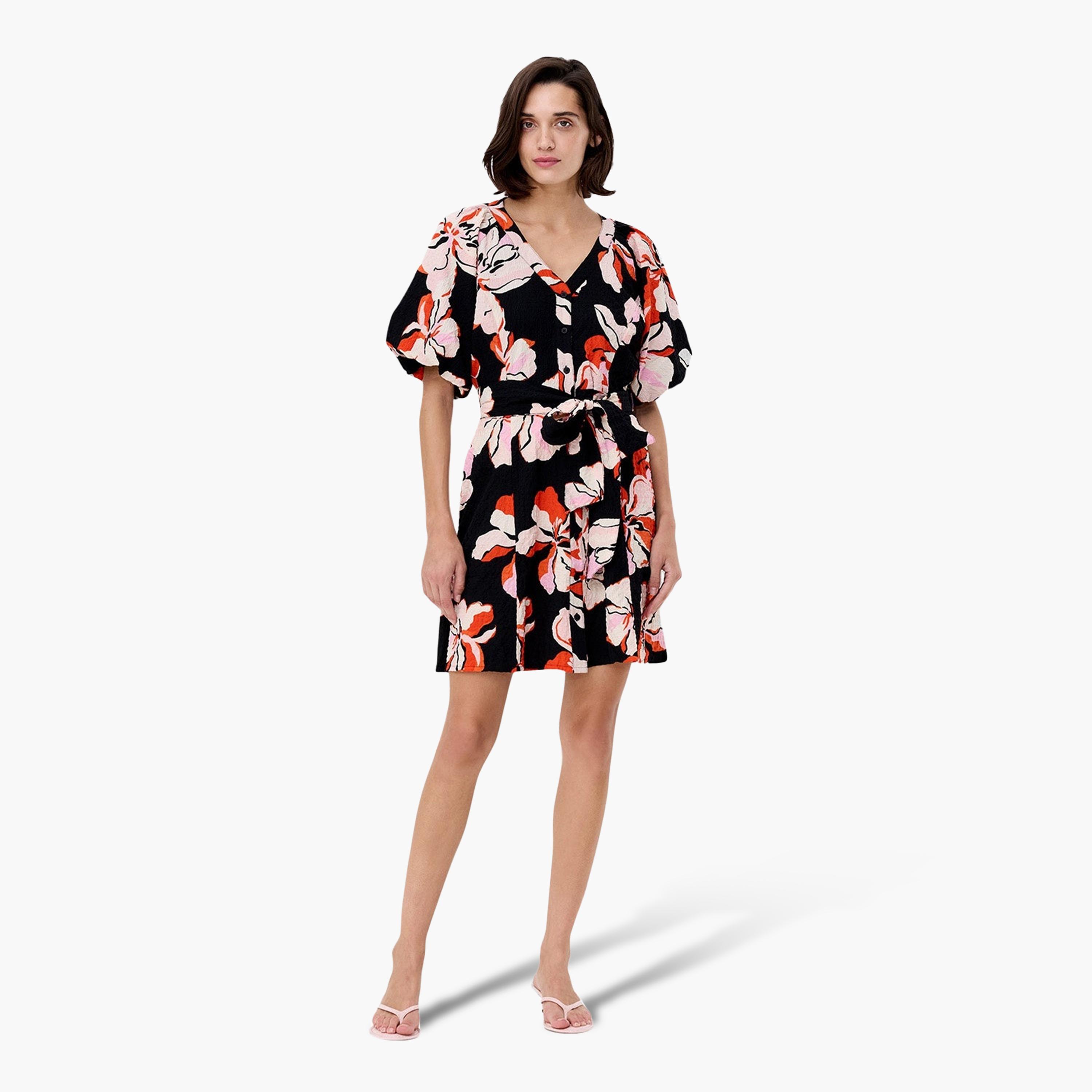 French Connection Multicolour Floral Print Balloon Sleeves Women's Mini Dress-women-clothing-dresses-image-1
