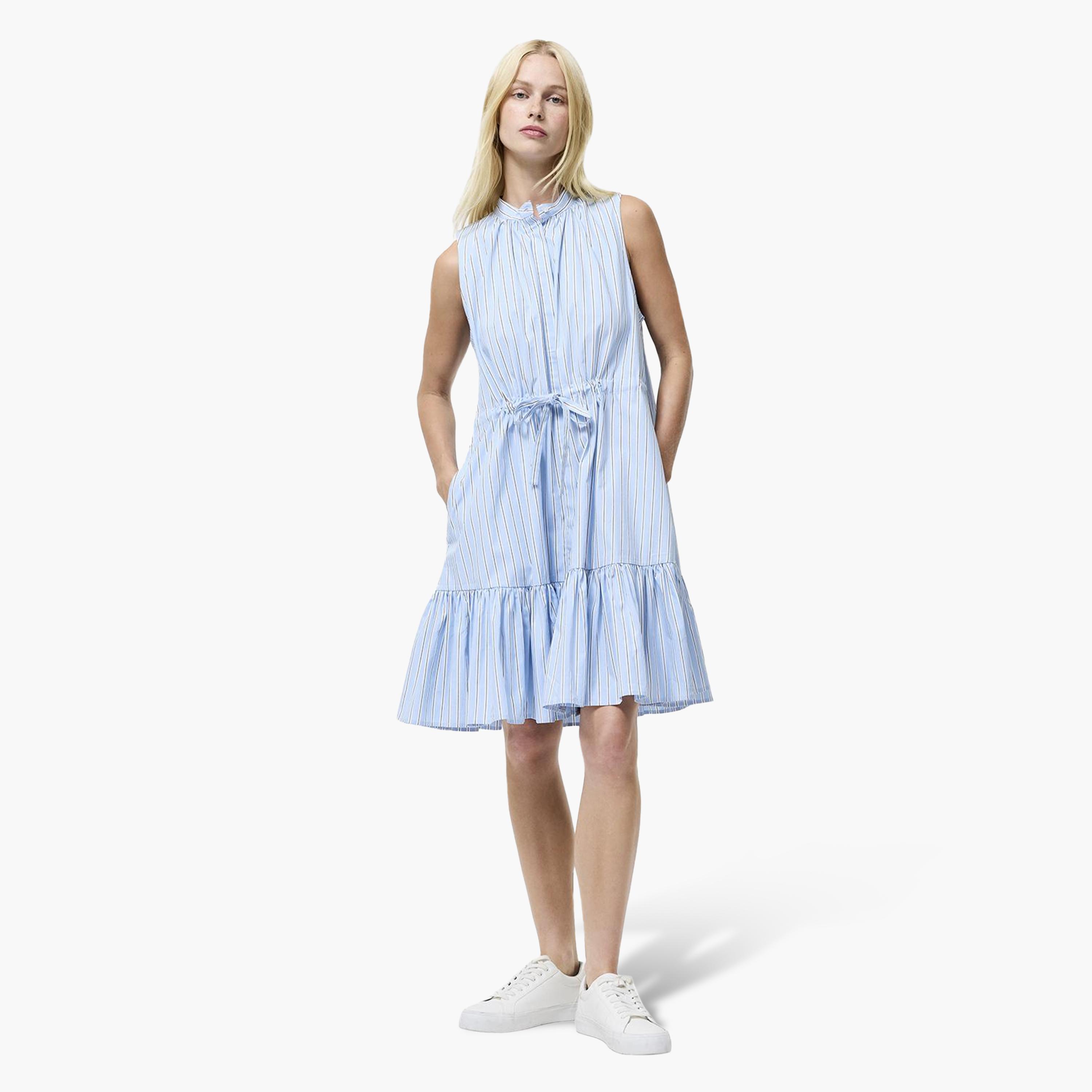 French Connection Blue Striped Cotton Band Collar Tiered Women's Knee-Length Dress-women-clothing-dresses-image-1