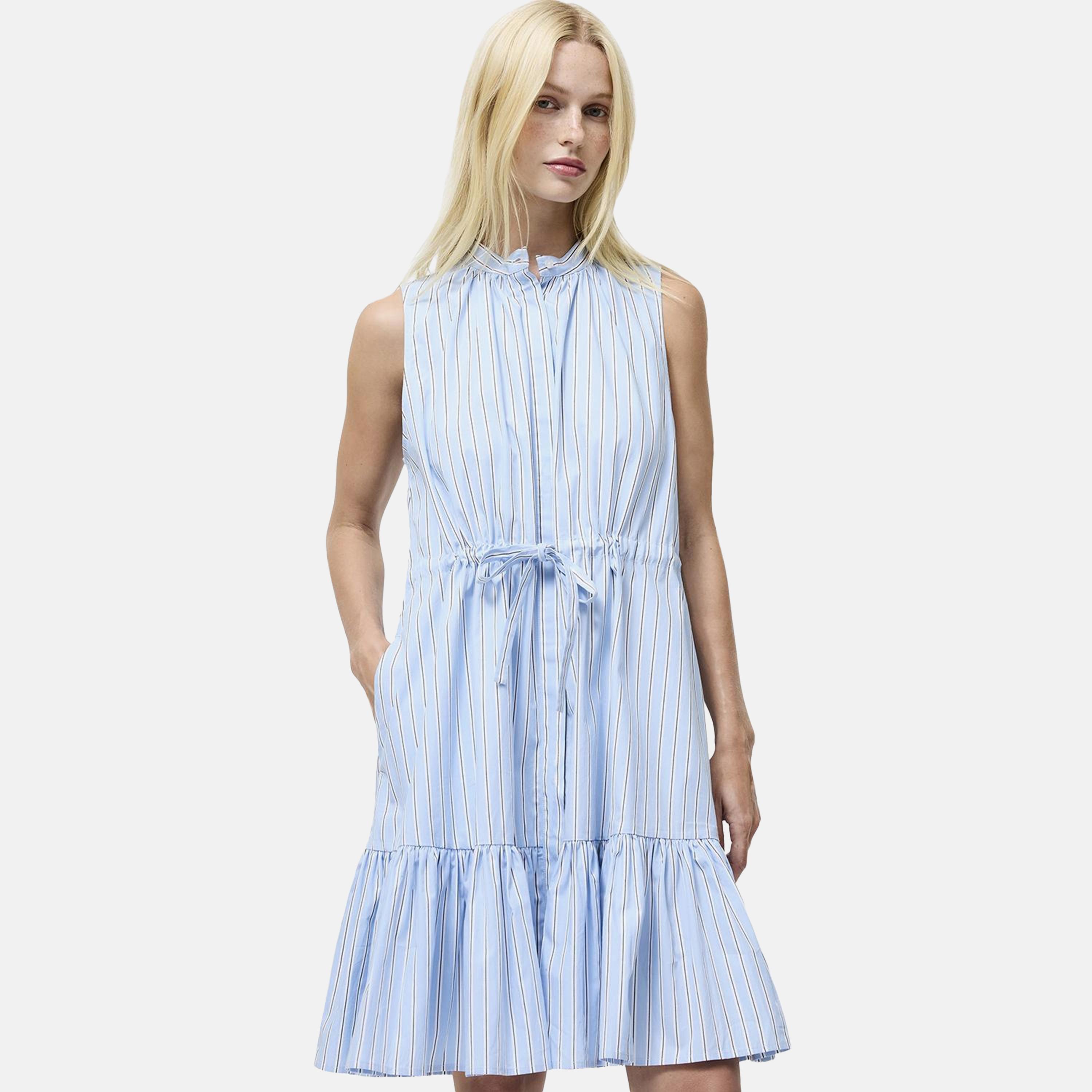 French Connection Blue Striped Cotton Band Collar Tiered Women's Knee-Length Dress-women-clothing-dresses-image-2