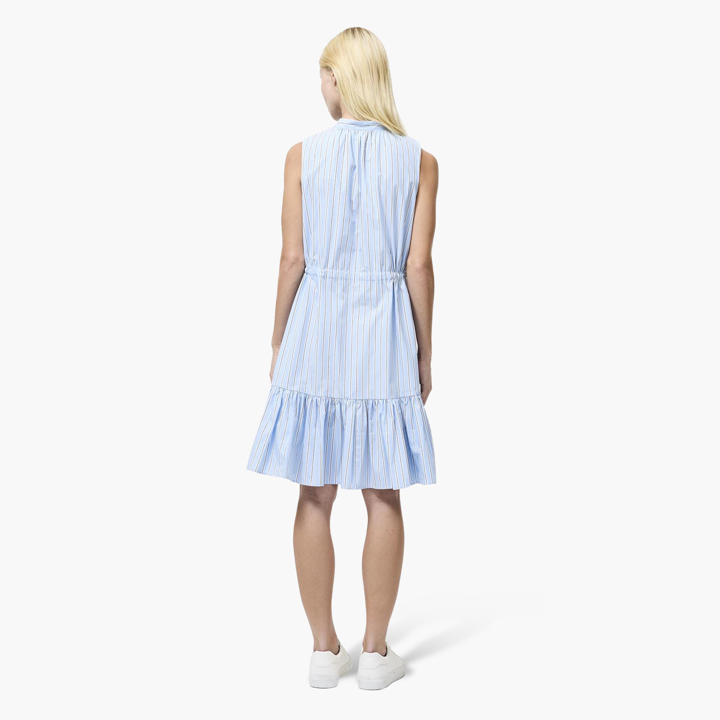 French Connection Blue Striped Cotton Band Collar Tiered Women's Knee-Length Dress-women-clothing-dresses-image-3