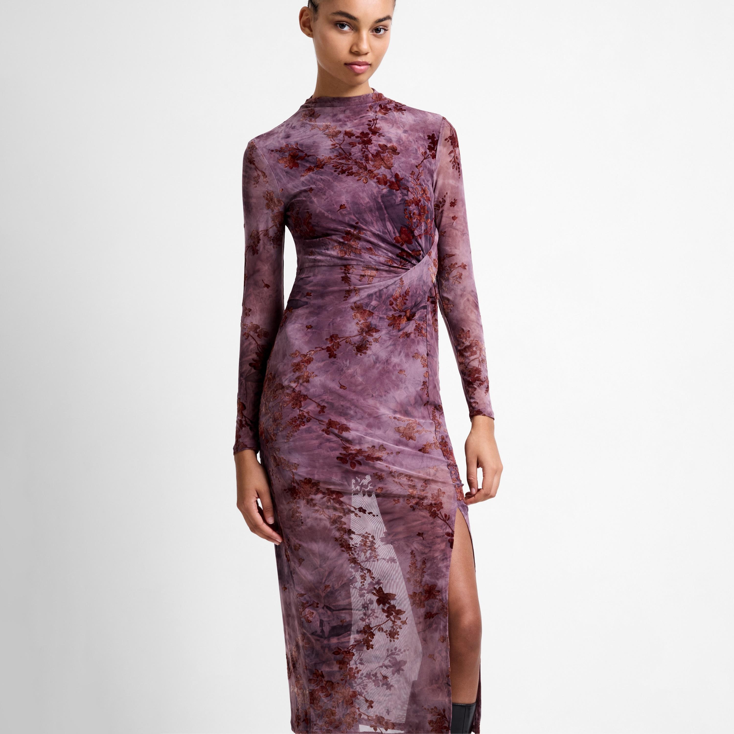 French Connection Purple Floral Print Mock Neck Column Women's Midi Dress-women-clothing-dresses-image-2