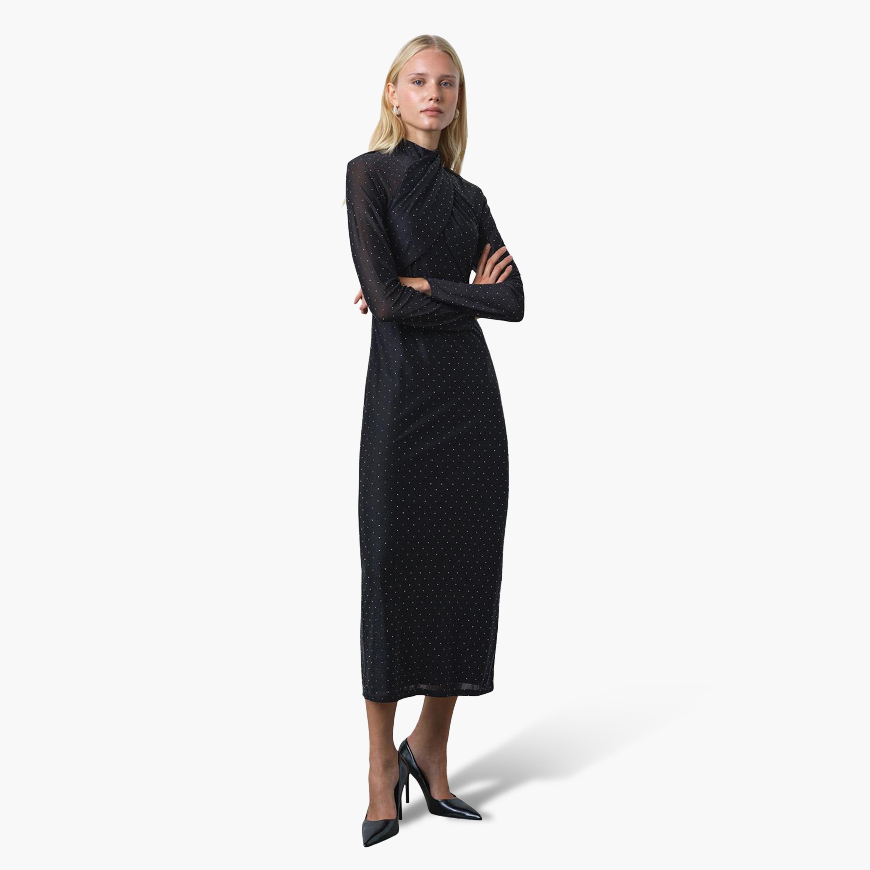 French Connection Black Sequined Nylon Mock Neck Sheath Women's Midi Dress-women-clothing-dresses-image-1