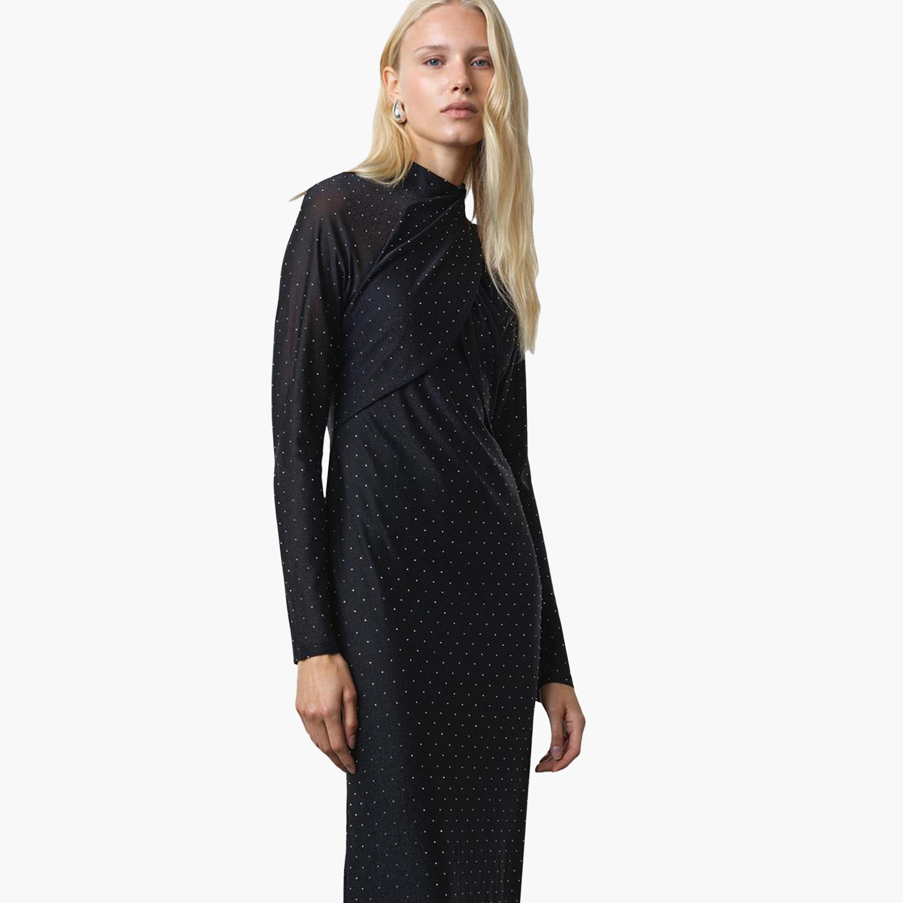 French Connection Black Sequined Nylon Mock Neck Sheath Women's Midi Dress-women-clothing-dresses-image-2
