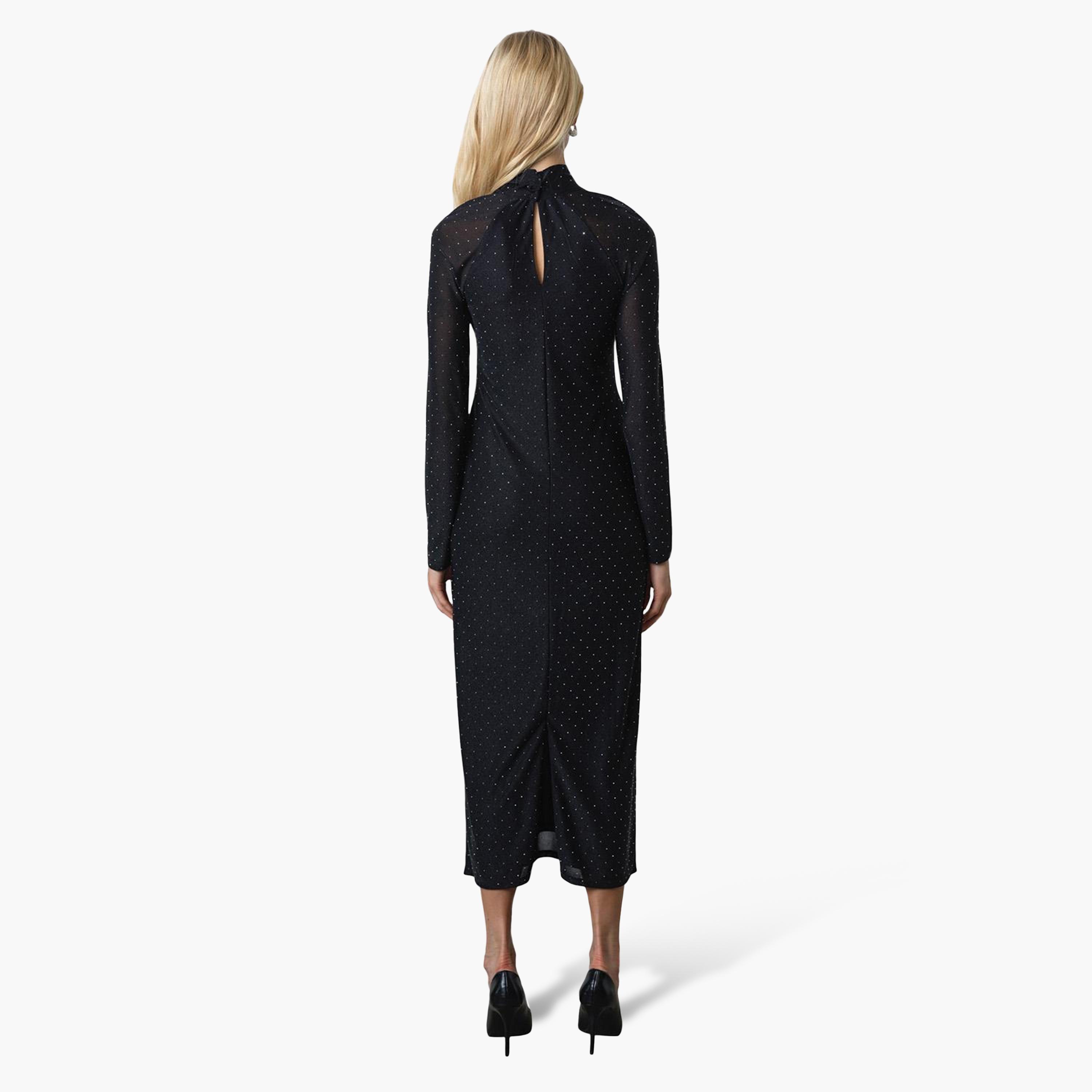 French Connection Black Sequined Nylon Mock Neck Sheath Women's Midi Dress-women-clothing-dresses-image-3