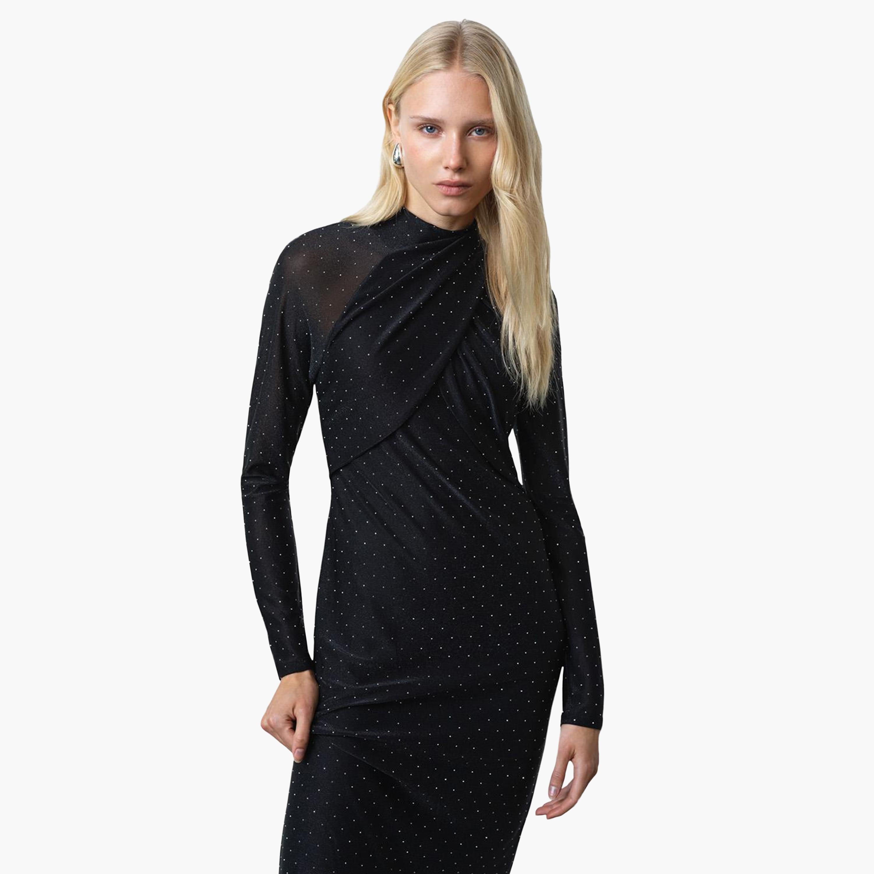 French Connection Black Sequined Nylon Mock Neck Sheath Women's Midi Dress-women-clothing-dresses-image-4