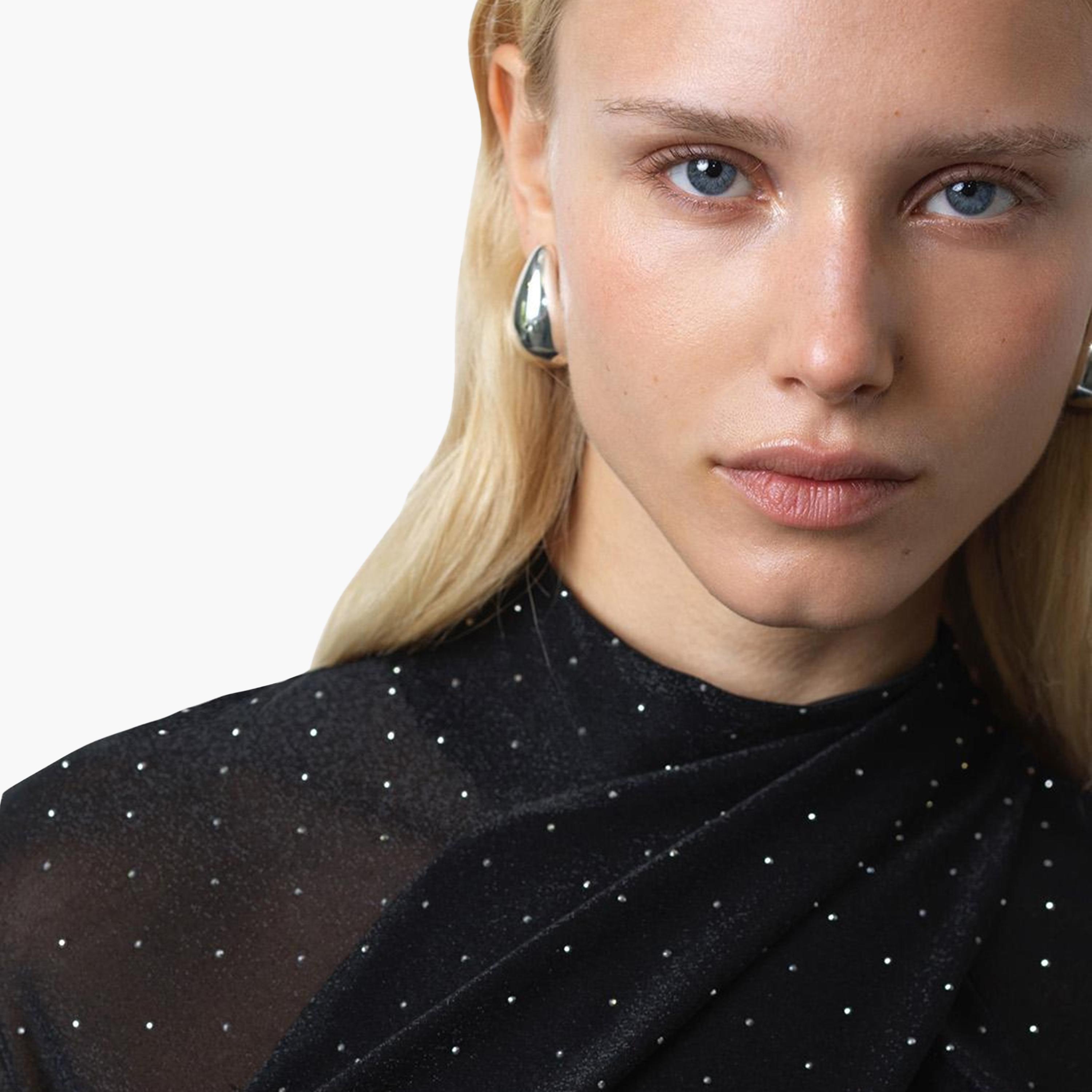 French Connection Black Sequined Nylon Mock Neck Sheath Women's Midi Dress-women-clothing-dresses-image-5