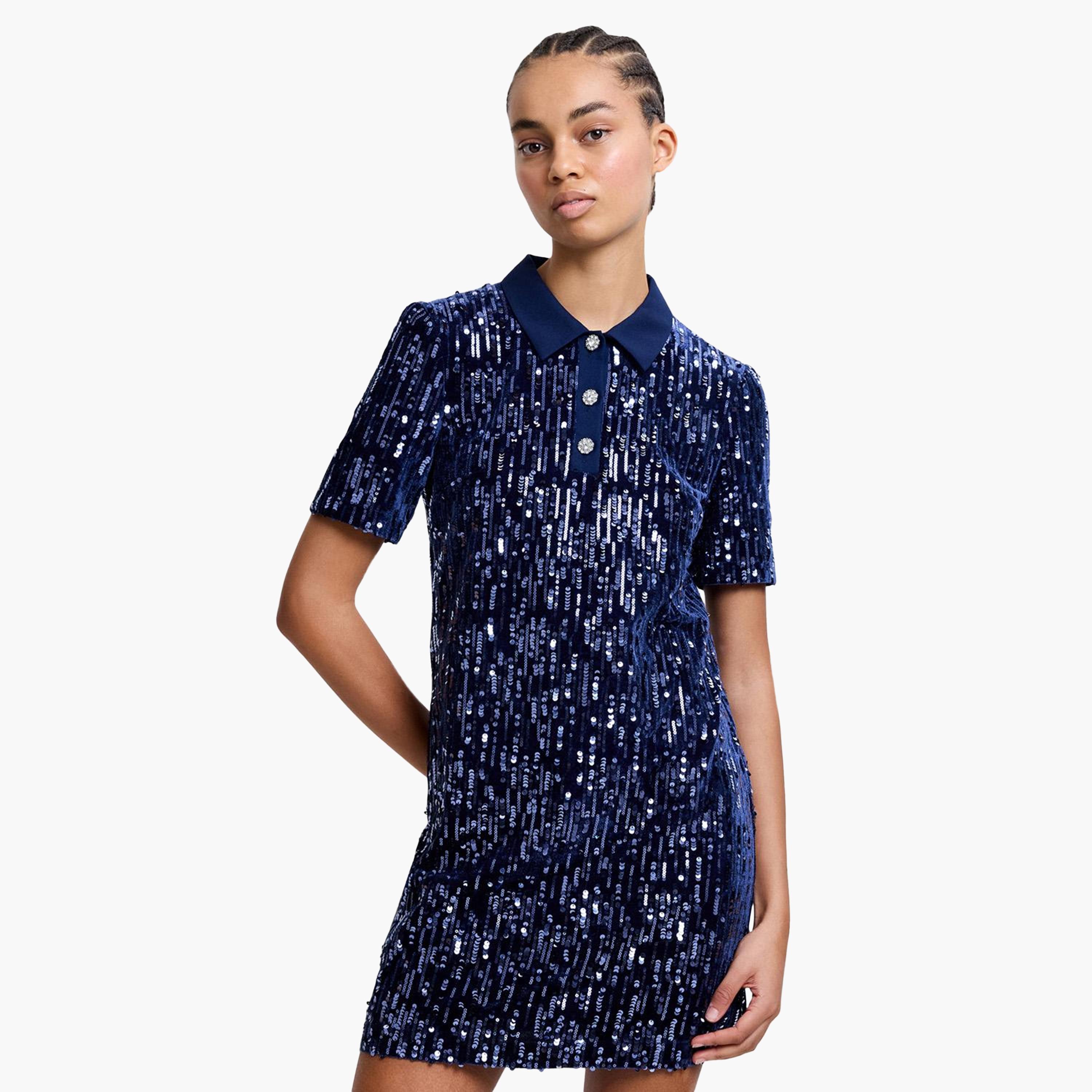 French Connection Blue Sequined Collared Bodycon Women's Evening Mini Dress-women-clothing-dresses-image-2