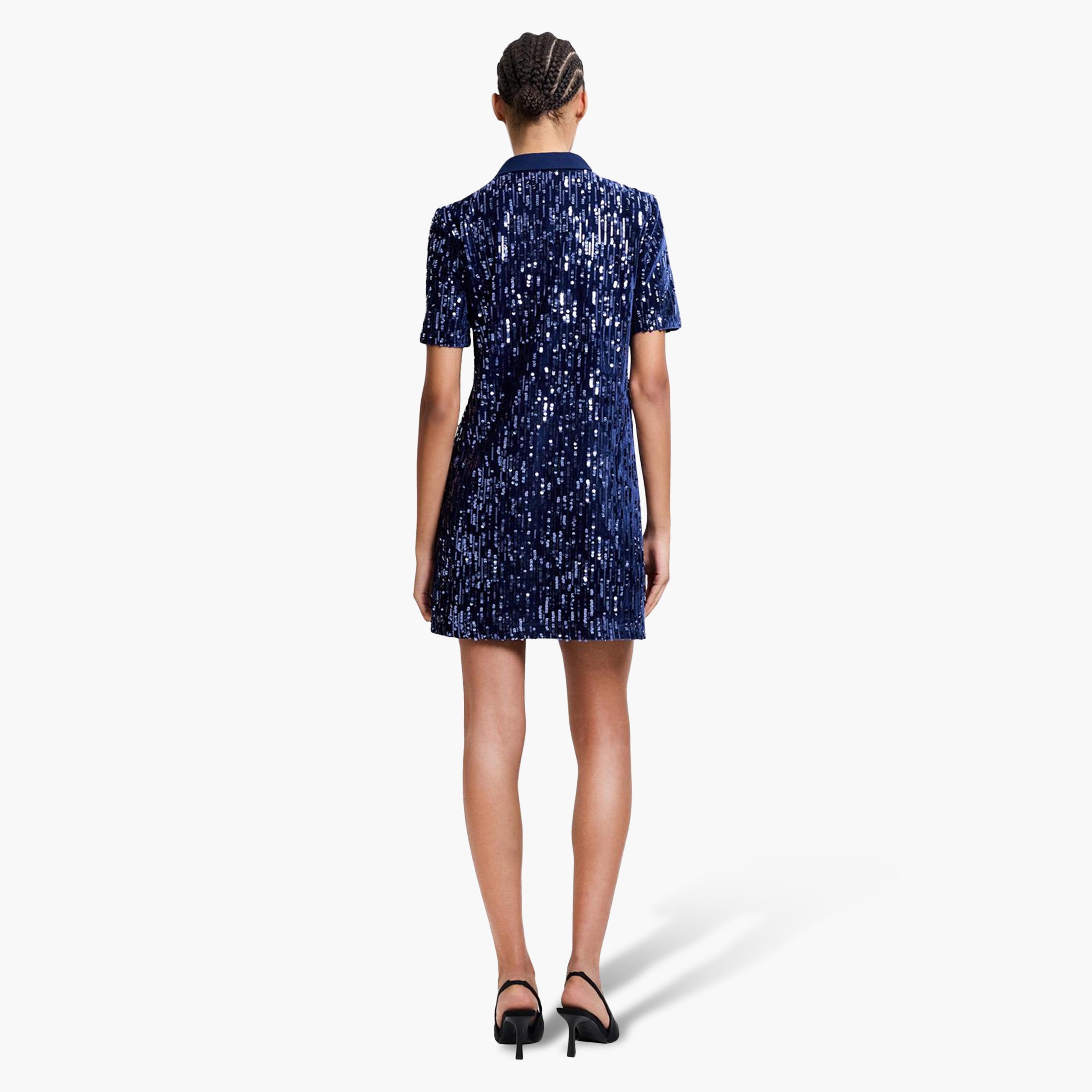 French Connection Blue Sequined Collared Bodycon Women's Evening Mini Dress-women-clothing-dresses-image-3