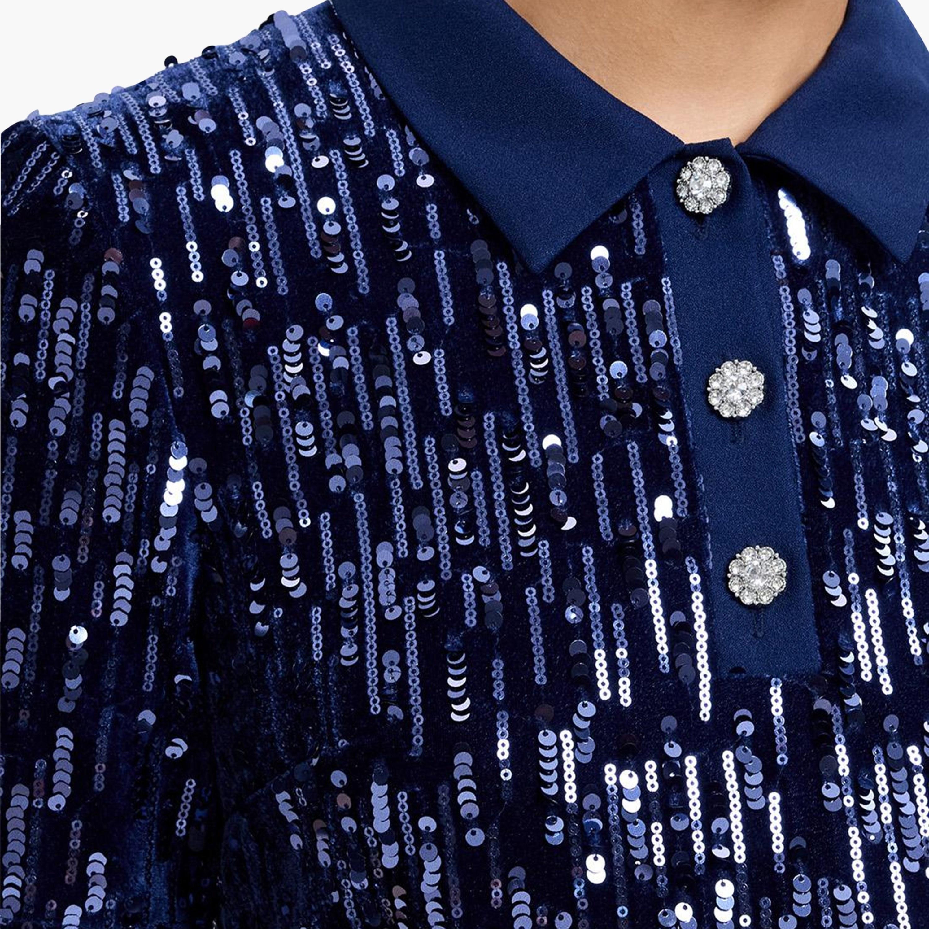 French Connection Blue Sequined Collared Bodycon Women's Evening Mini Dress-women-clothing-dresses-image-4
