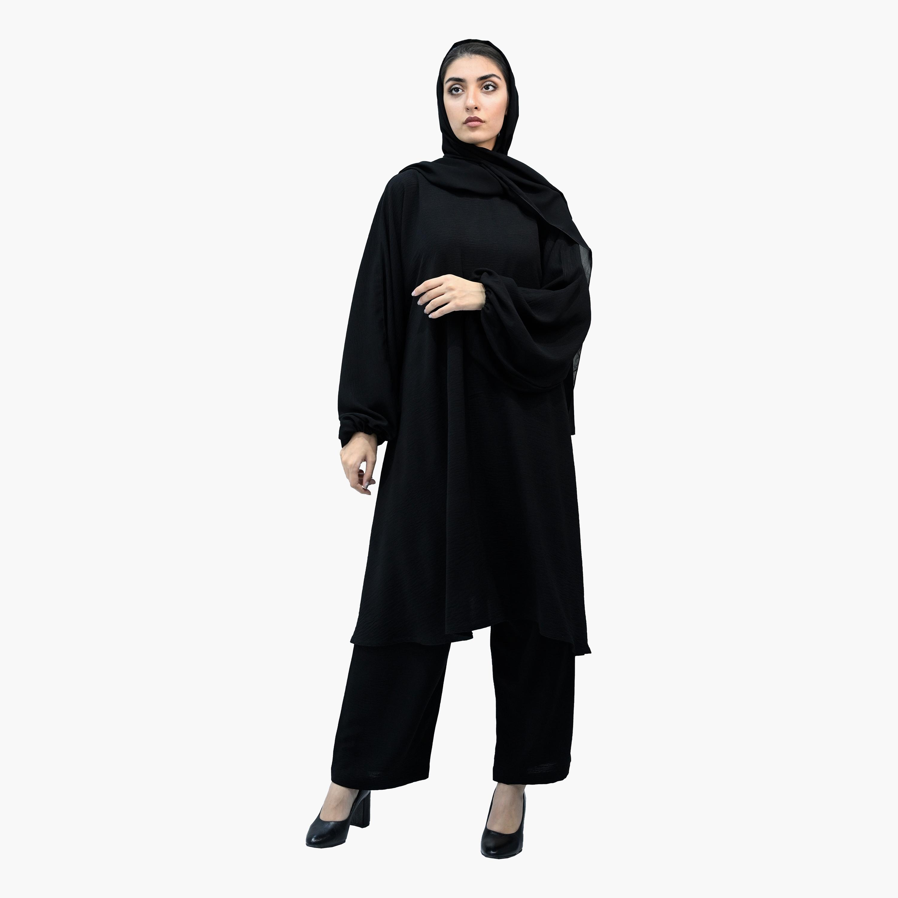 Nukhbaa Balloon Sleeves Nida Co-ord Set with Hijab-women-arabicclothing-sets-image-1