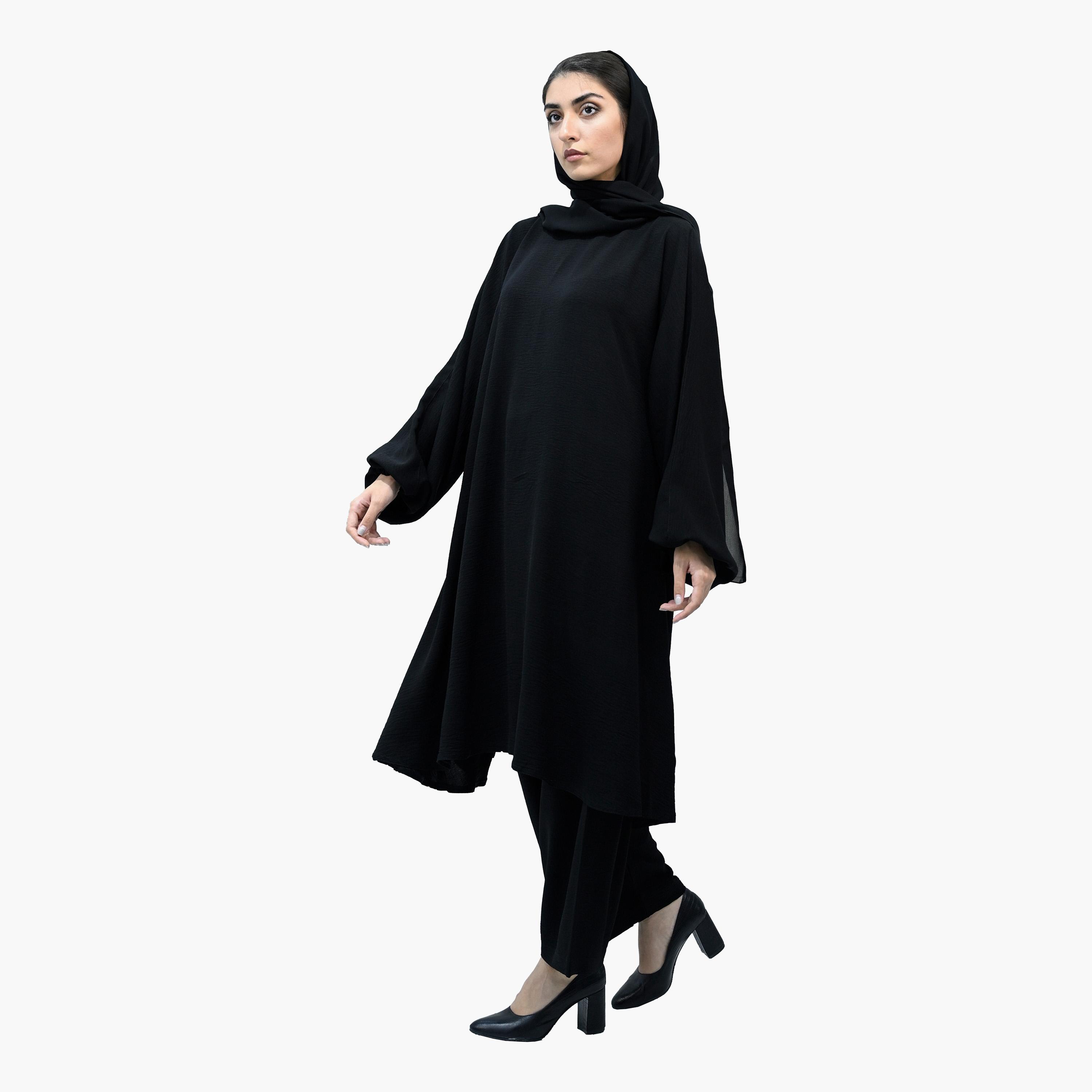 Nukhbaa Balloon Sleeves Nida Co-ord Set with Hijab-women-arabicclothing-sets-image-3