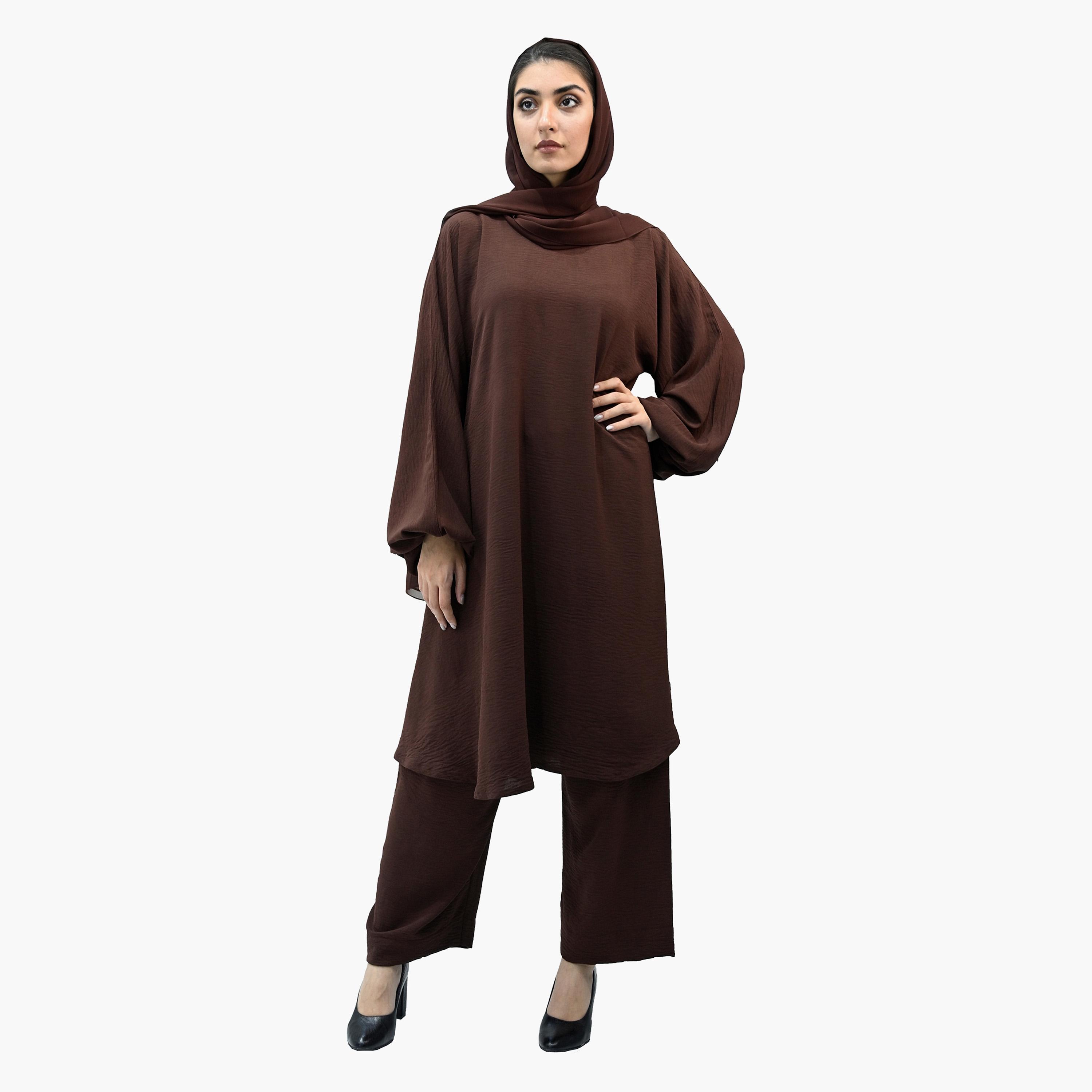 Nukhbaa Balloon Sleeves Nida Co-ord Set with Hijab-women-arabicclothing-sets-image-1