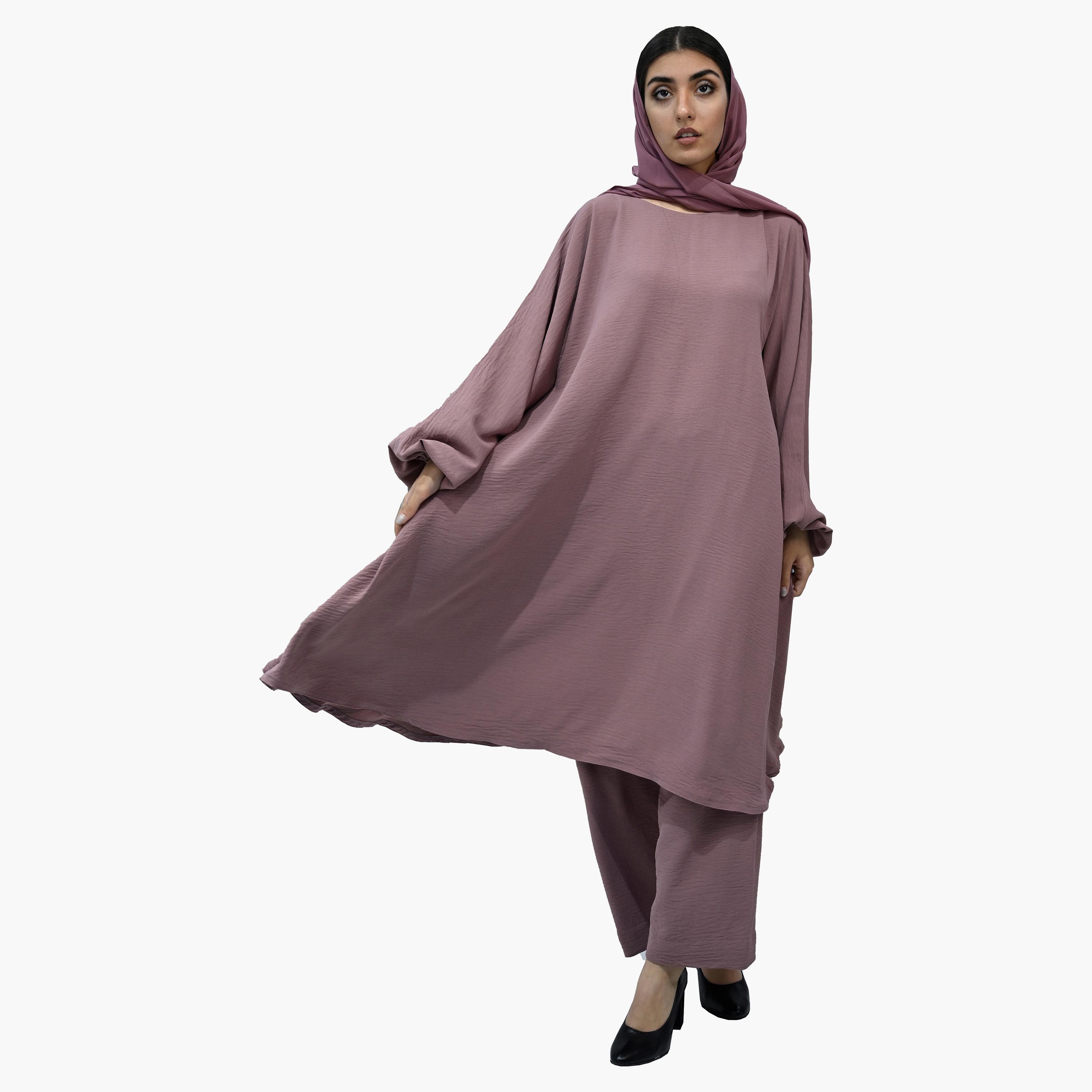 طقم تكميلي بأكمام بالون مع حجاب من نخبه-women-arabicclothing-sets-image-1